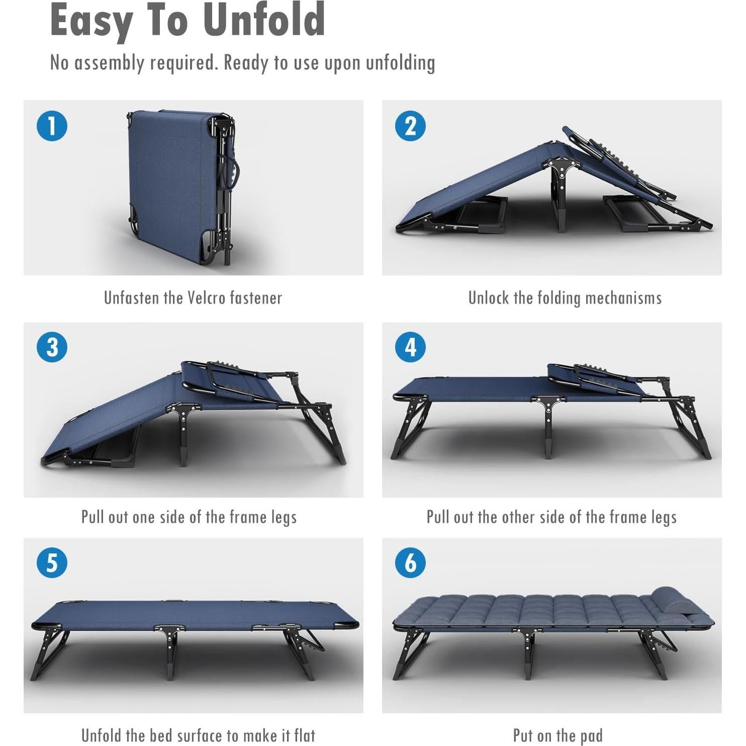ATORPOK Folding Camping Cot for Adults with Padded Mattress and Pillow, Adjustable Reclining Lounger Sleeping Cot Bed, Ideal for Camping, Travel, Garden, or Office Use, Blue