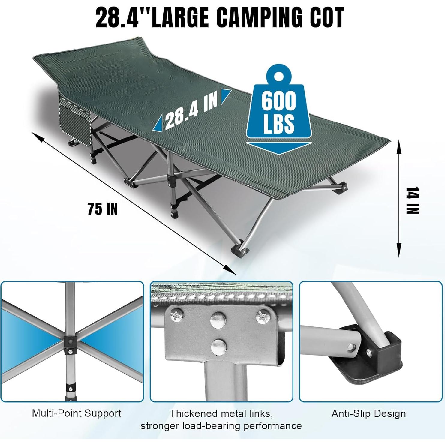 BIG RED Camping Cot, Folding Camping Cots for Adults Sleeping 1200D Double Layer Oxford Portable Folding Outdoor Cots for Camping W/Soft Pad Carry Bag for Home Office Nap Beach Travel