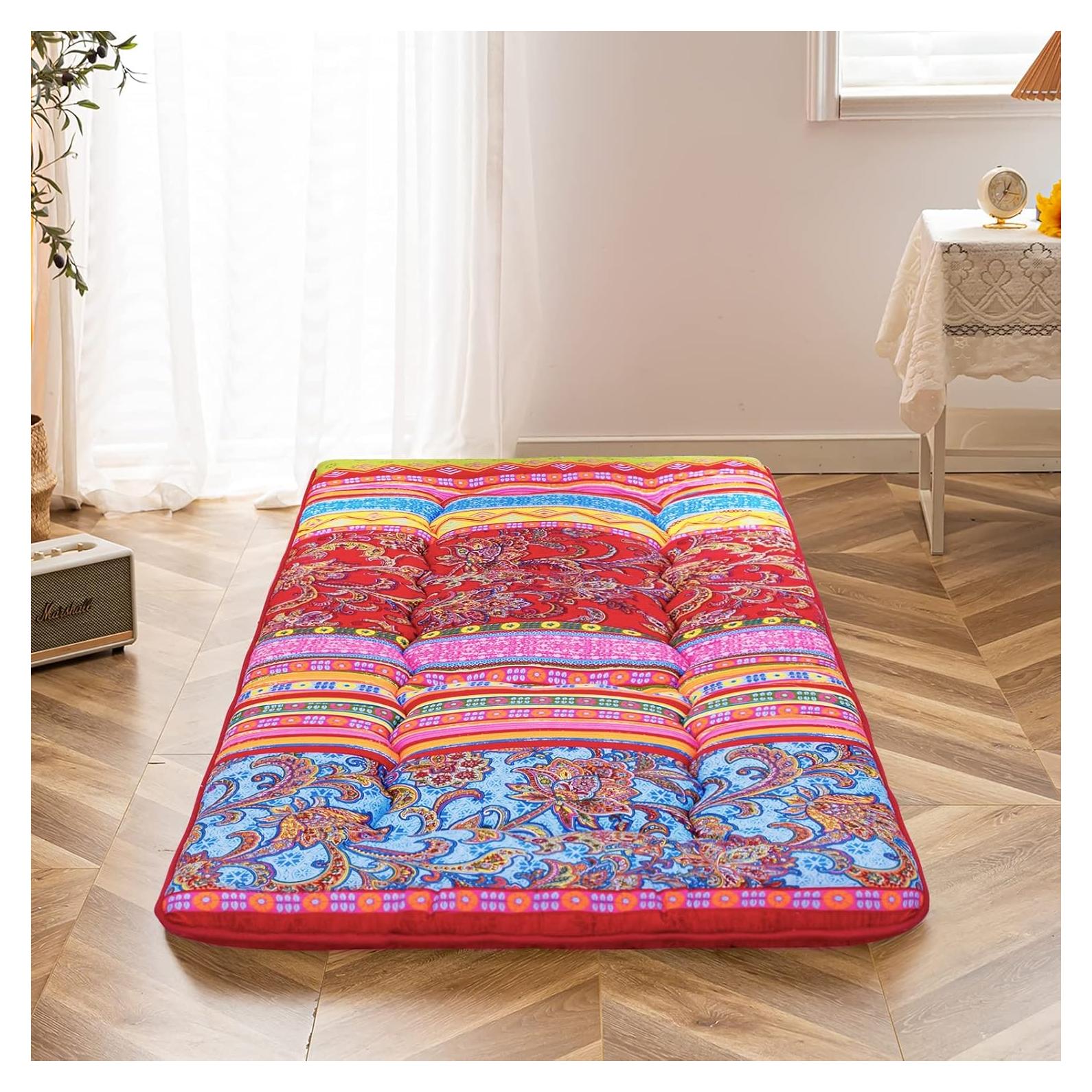 Cot Mattress Bohemian Floor Bed, Japanese Floor Mattress Narrow Twin Futon Single Bed for Adults, Foldable Roll Up Camping Cot Mat