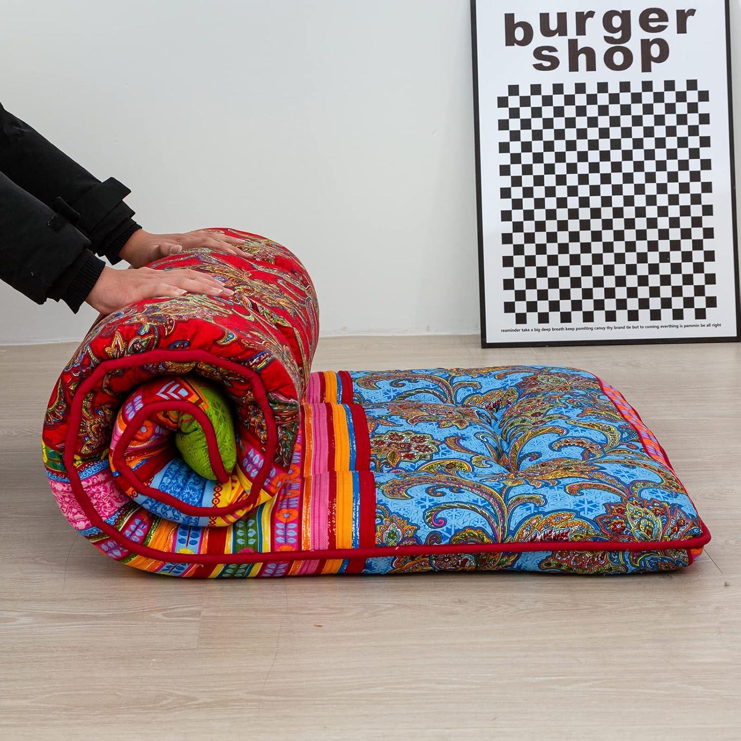 Cot Mattress Bohemian Floor Bed, Japanese Floor Mattress Narrow Twin Futon Single Bed for Adults, Foldable Roll Up Camping Cot Mat