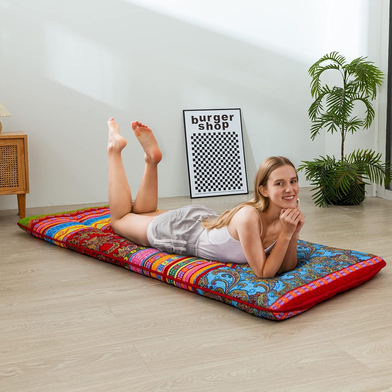 Cot Mattress Bohemian Floor Bed, Japanese Floor Mattress Narrow Twin Futon Single Bed for Adults, Foldable Roll Up Camping Cot Mat