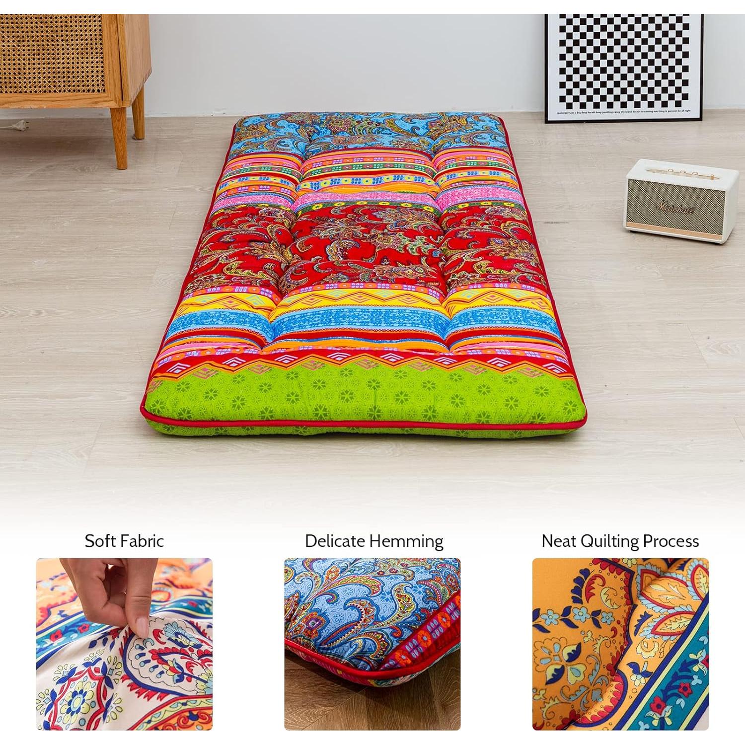 Cot Mattress Bohemian Floor Bed, Japanese Floor Mattress Narrow Twin Futon Single Bed for Adults, Foldable Roll Up Camping Cot Mat