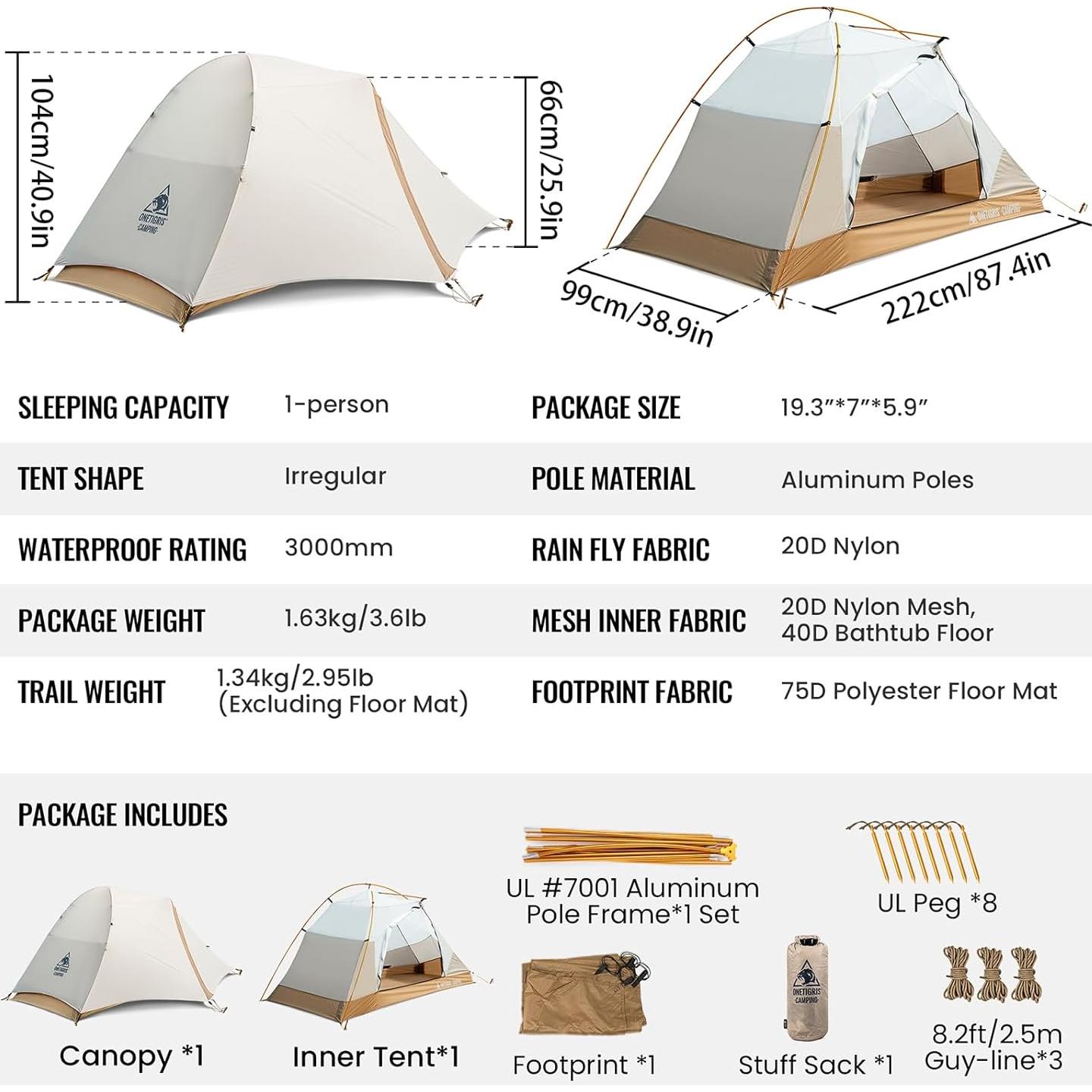 Tienda OneTigris Mona Ultraligera 1 Persona 3000mm Impermeable