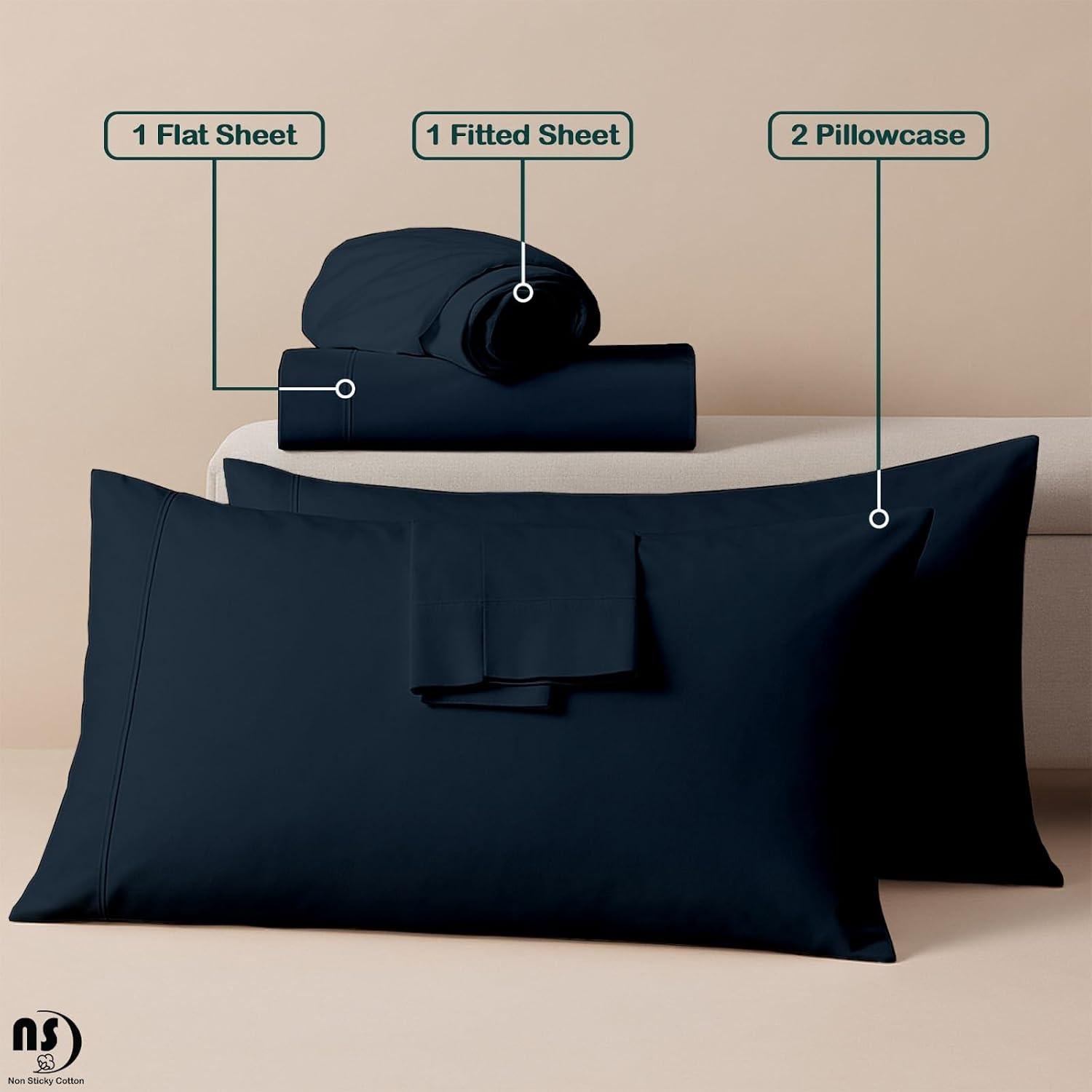 Juego de Sábanas de Algodón Egipcio 4 Piezas Cuna Azul Marino