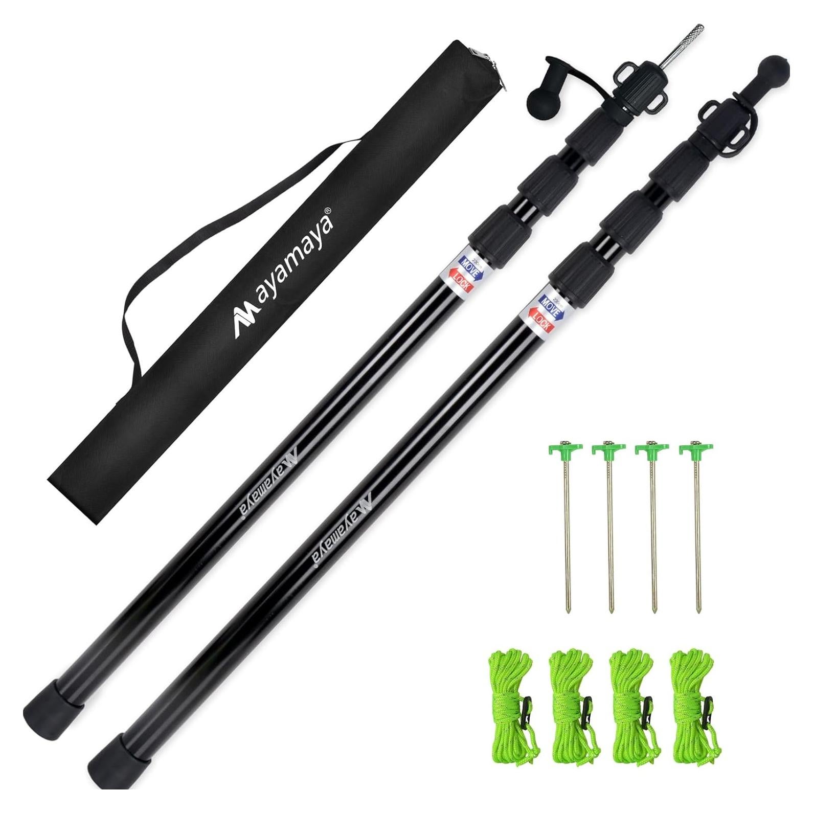 AYAMAYA Tarp Poles - Telescoping Camping Tent Poles Replacement, Upgraded 4-Section Heavy Duty Aluminum Rods with Stakes & Guylines for Tents, Rain Fly, Camping Shelter, Awning Canopy RV Car, Set of 2