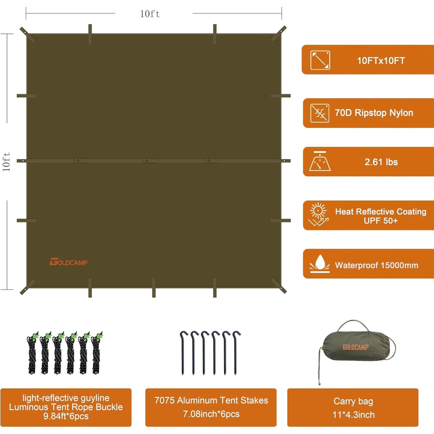 Lona de Camping GoldCamp 10x10ft Nylon 70D Impermeable UV 50+
