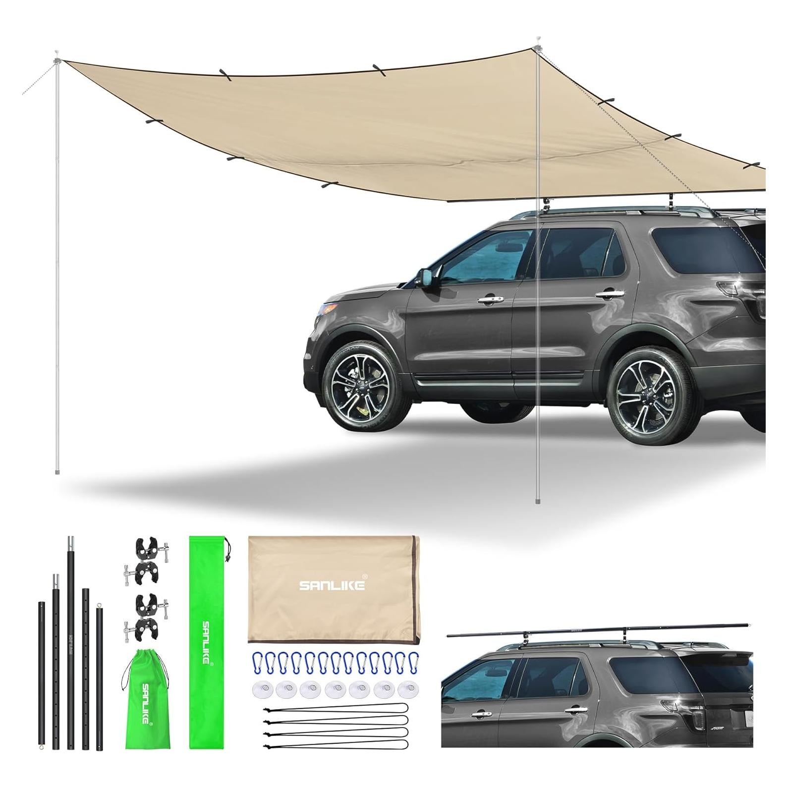 SAN LIKE Vehicle Awning Pole Outdoor Off-Road Camping Set, PU 3000mm Waterproof UV50+ Car Side Awning Sun Shade for Most Jeep/SUV/Truck/Van