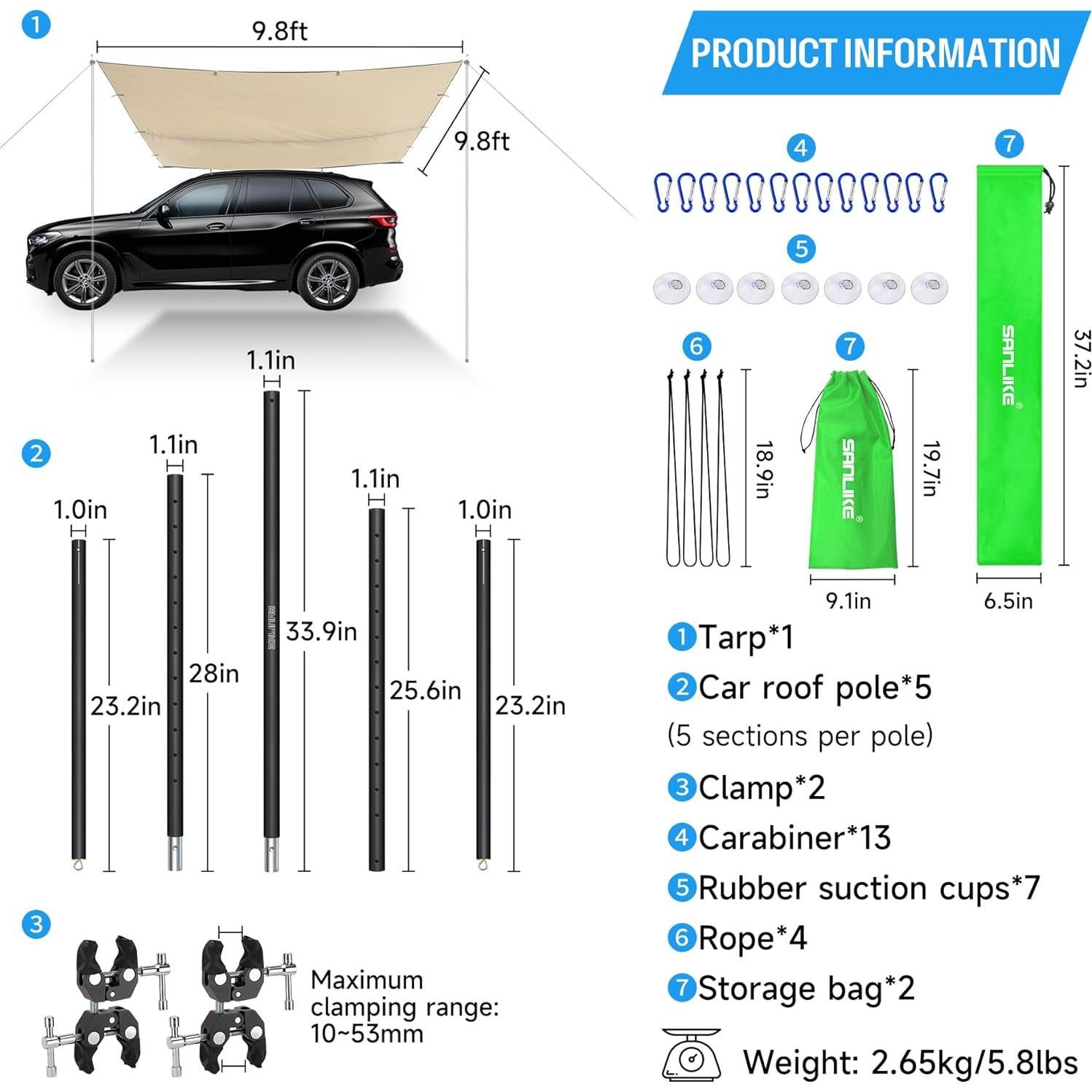 SAN LIKE Vehicle Awning Pole Outdoor Off-Road Camping Set, PU 3000mm Waterproof UV50+ Car Side Awning Sun Shade for Most Jeep/SUV/Truck/Van
