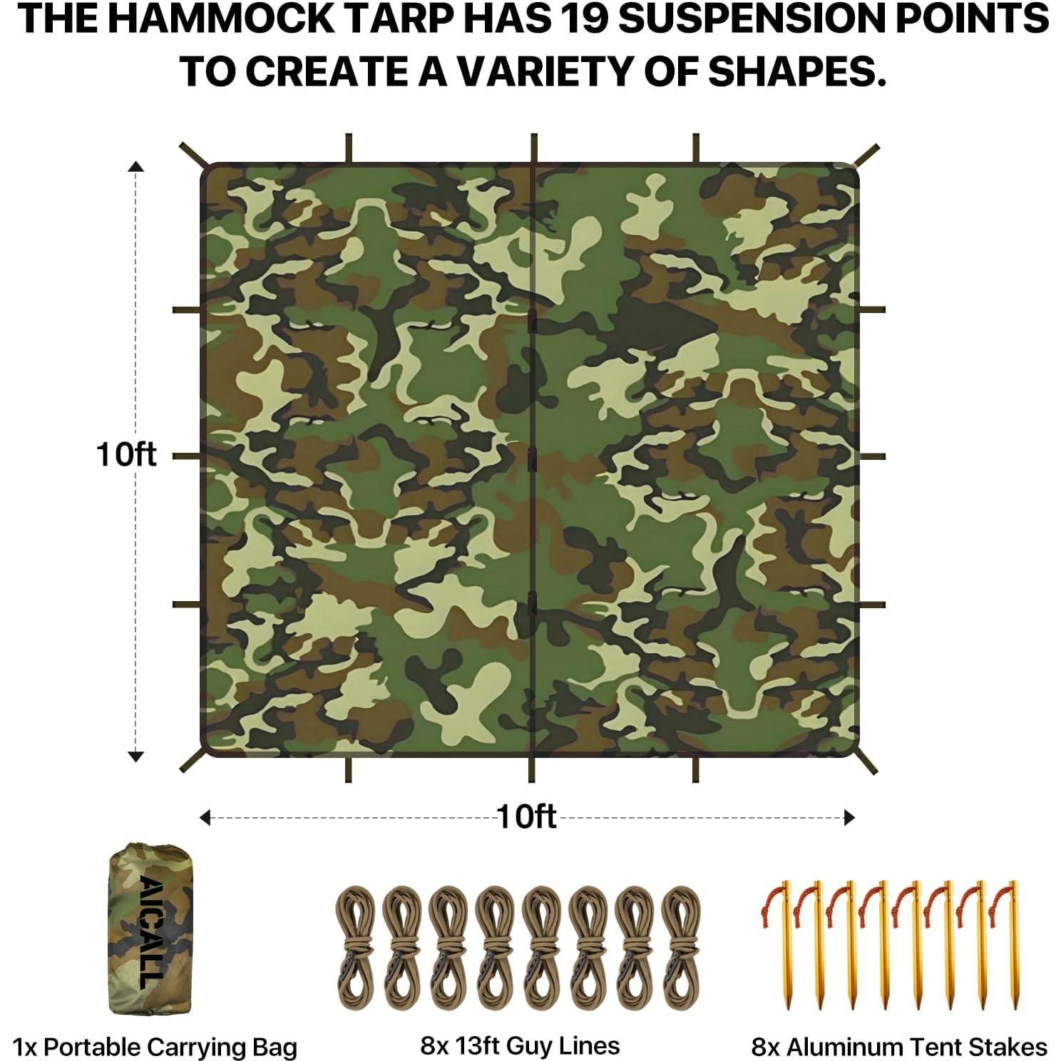 Waterproof Camping Tarp 10 x 10ft Survival Tent Backpacking Portable Tarp Multifunctional Anti-UV Shelter for Outdoor (Camo)