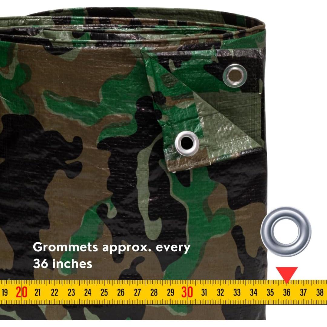 6'x8' [Cut Size] Ultra-Durable Waterproof Camouflage Poly Tarp, 100% HDPE Material, 100% UV Protection, 5 MIL Thick, Reinforced Edges & Corners, Aluminum Grommets
