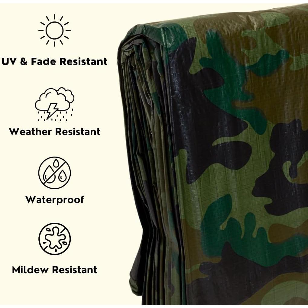 6'x8' [Cut Size] Ultra-Durable Waterproof Camouflage Poly Tarp, 100% HDPE Material, 100% UV Protection, 5 MIL Thick, Reinforced Edges & Corners, Aluminum Grommets