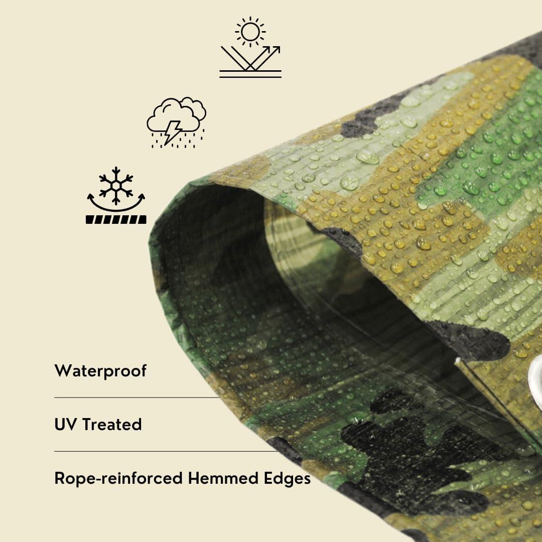 6'x8' [Cut Size] Ultra-Durable Waterproof Camouflage Poly Tarp, 100% HDPE Material, 100% UV Protection, 5 MIL Thick, Reinforced Edges & Corners, Aluminum Grommets