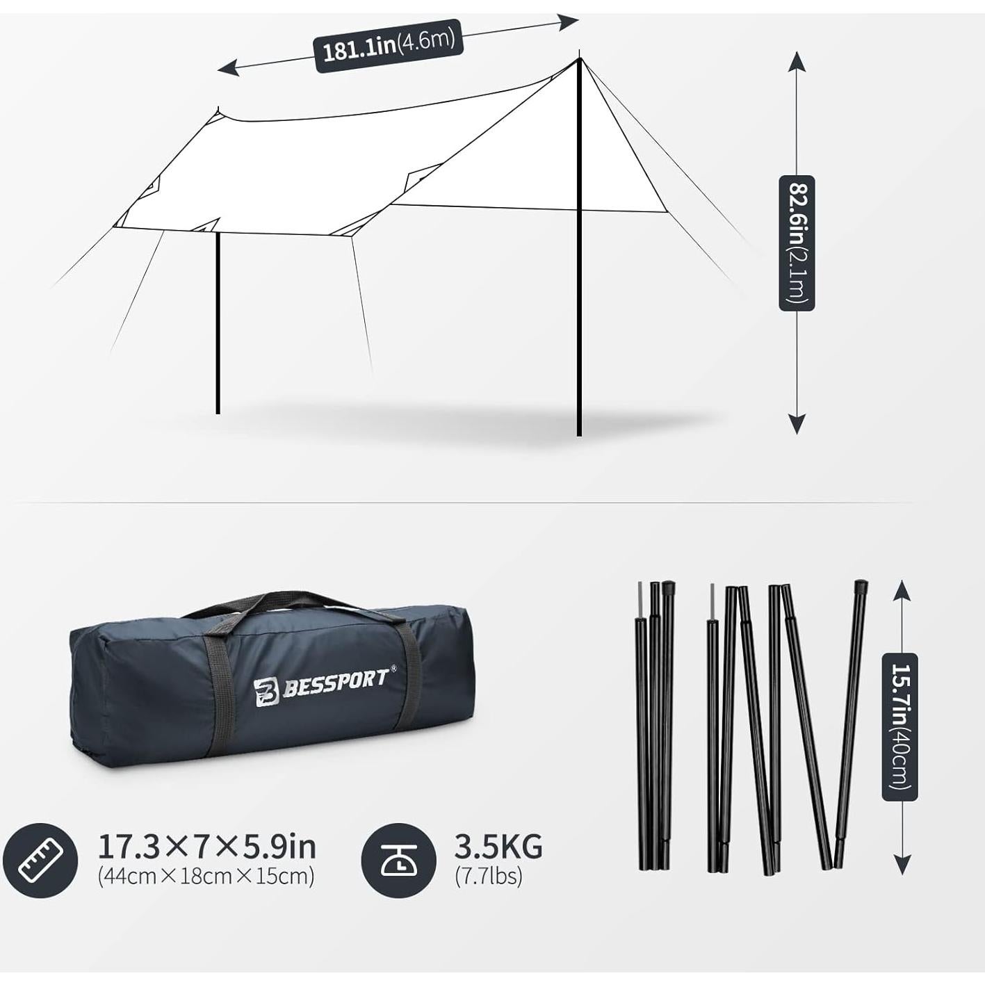 Toldo Camping Bessport 4.88x2.99m Impermeable con Postes