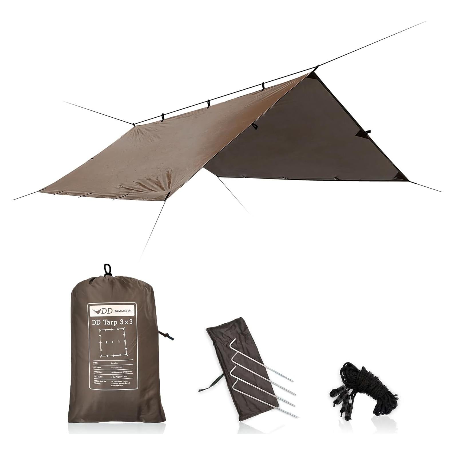DD Hammocks - DD Tarp 3x3 - Coyote Brown (10ft x 10ft) - 100% Waterproof - Lightweight & Multifunctional Rainfly Tarp Tent Shelter for Camping & Travel Adventure