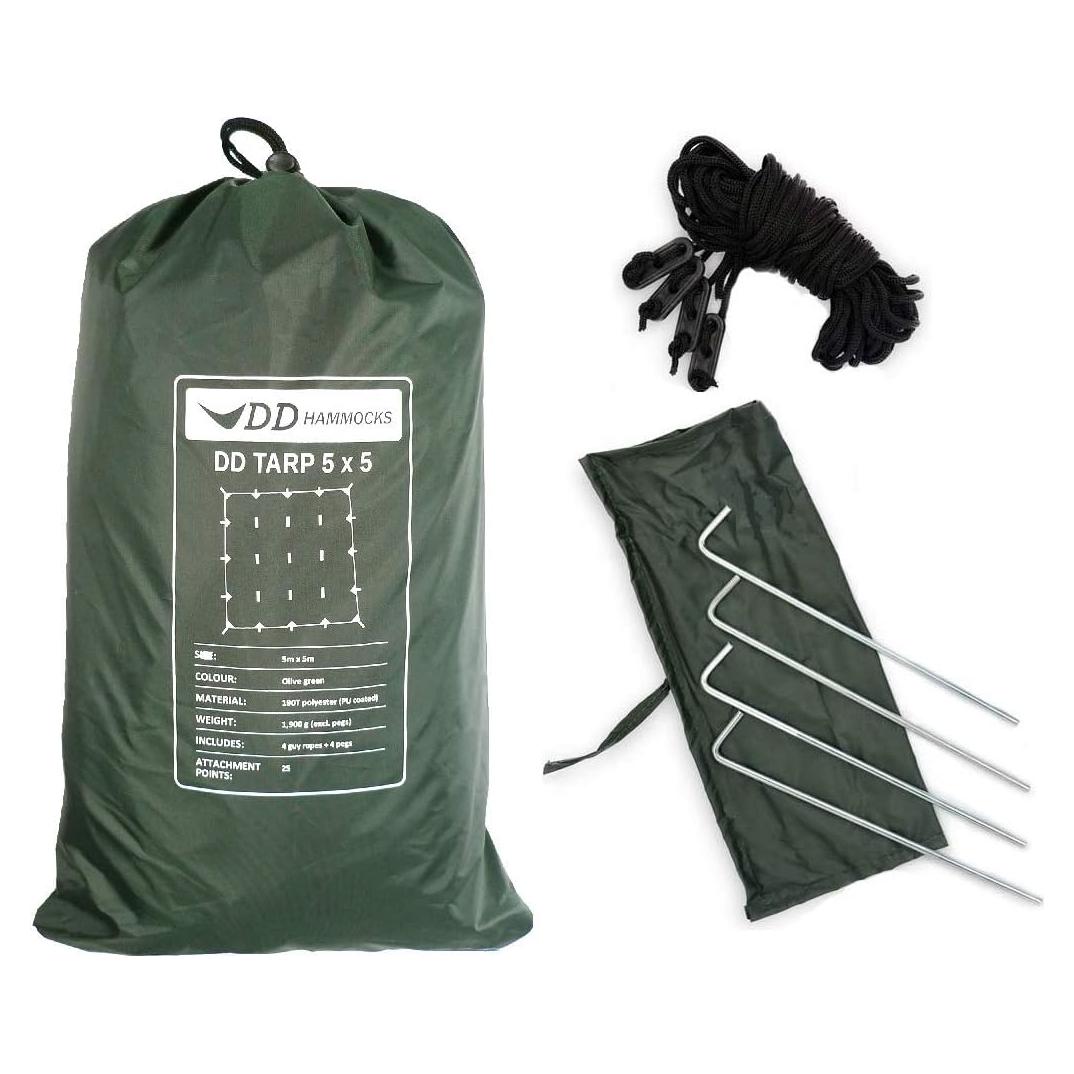 DD Tarp 5x5 - Olive Green (16ft x 16ft) - 100% Waterproof Lightweight & Multifunctional Rainfly Extra Large Tarp Tent Group Shelter for Camping Day Trips Adventure & Scouts