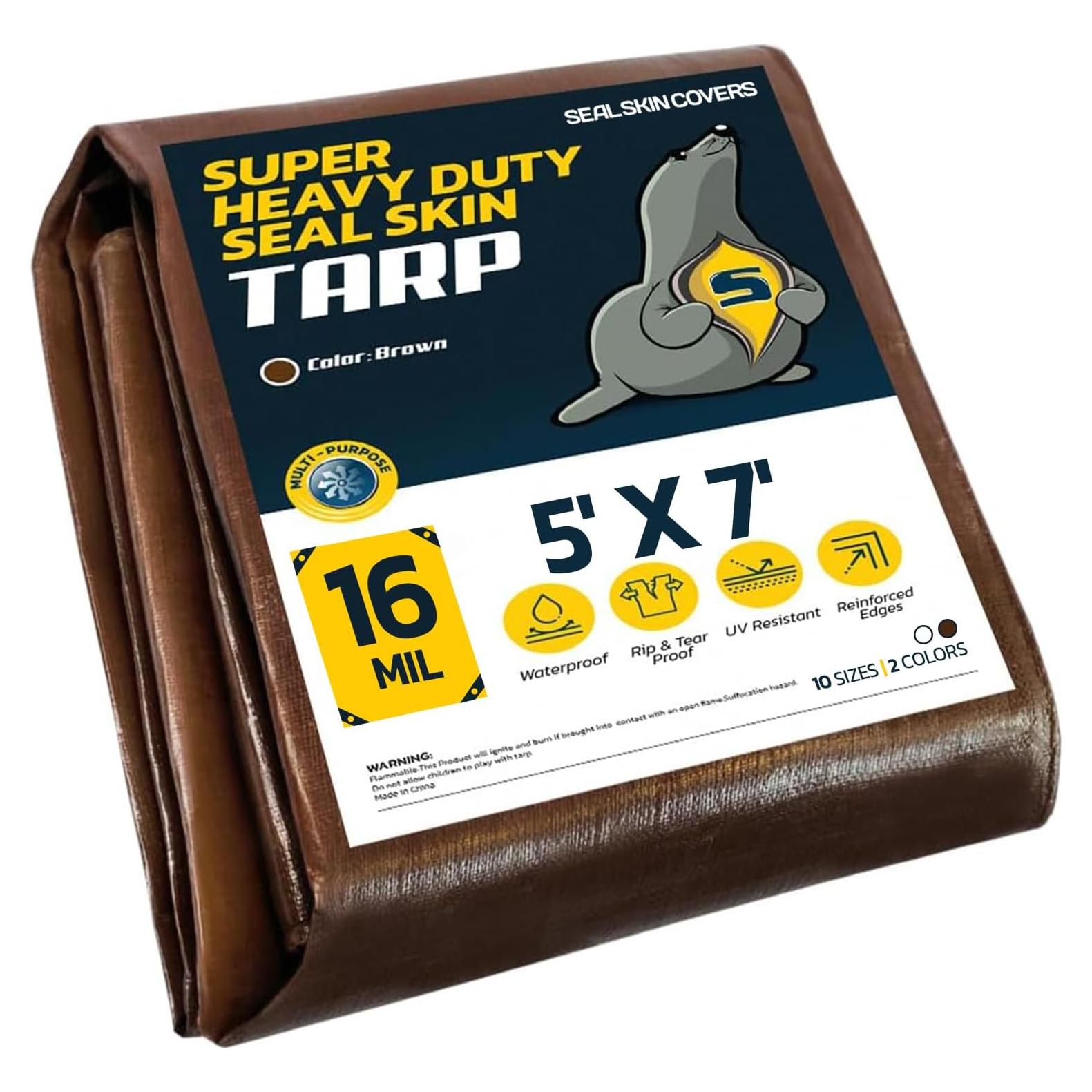 Seal Skin Covers Heavy Duty Waterproof Tarp 5x7 FT, 16 Mil 8 OZ 160 GSM Thick Brown Poly Tarp with Rustproof Grommets, Tear-Proof Cover with Reinforced Edges for Camping, Pool, Canopy Use