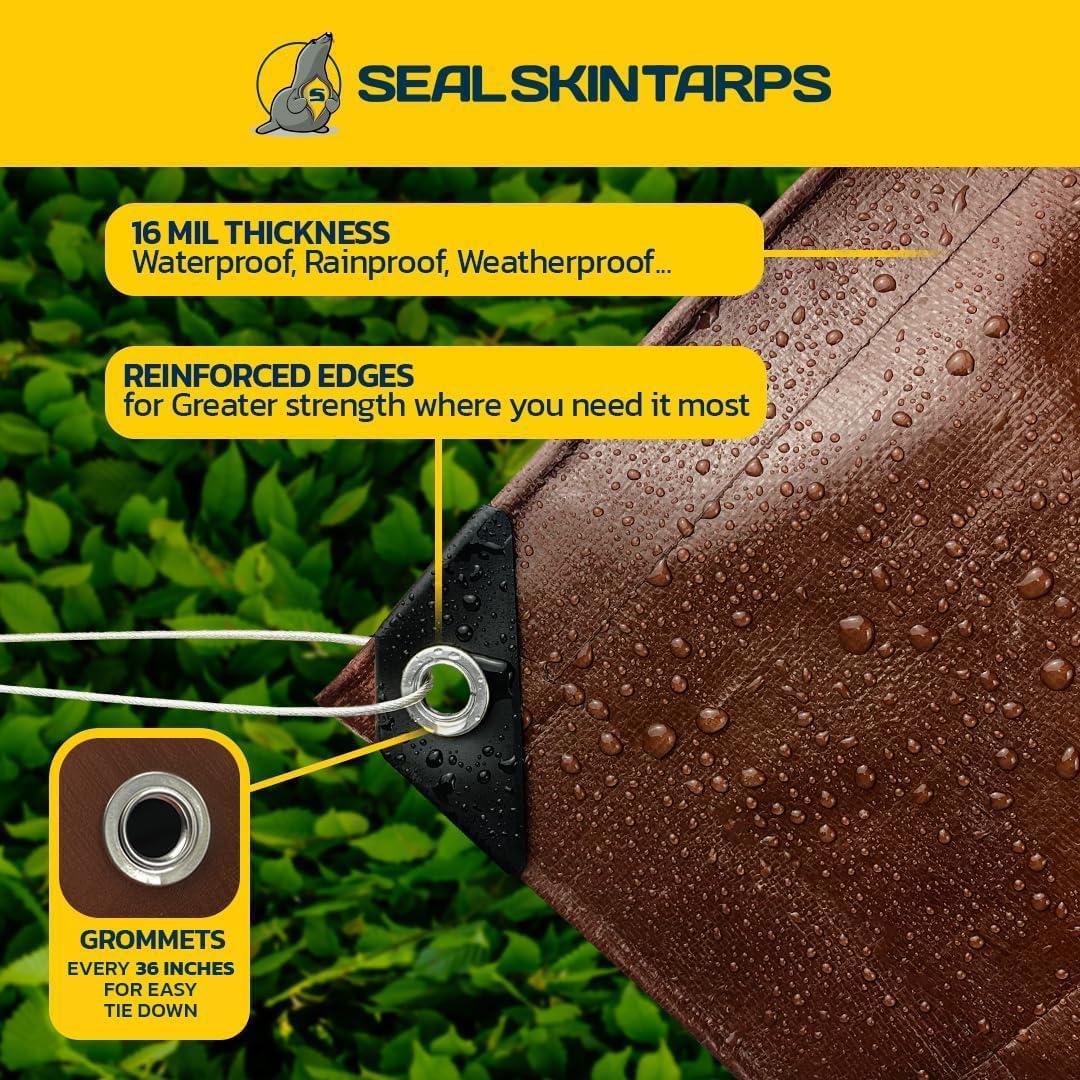 Seal Skin Covers Heavy Duty Waterproof Tarp 5x7 FT, 16 Mil 8 OZ 160 GSM Thick Brown Poly Tarp with Rustproof Grommets, Tear-Proof Cover with Reinforced Edges for Camping, Pool, Canopy Use