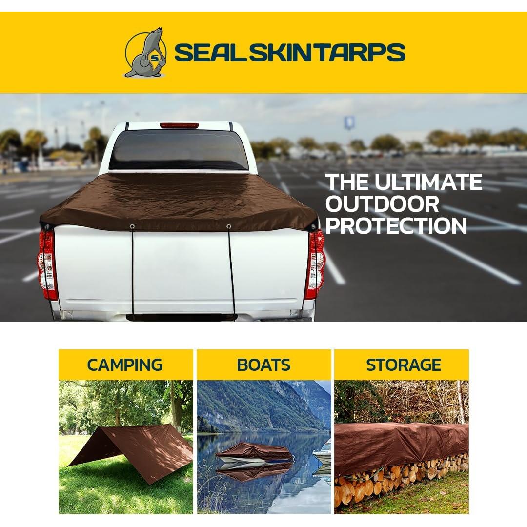 Seal Skin Covers Heavy Duty Waterproof Tarp 5x7 FT, 16 Mil 8 OZ 160 GSM Thick Brown Poly Tarp with Rustproof Grommets, Tear-Proof Cover with Reinforced Edges for Camping, Pool, Canopy Use