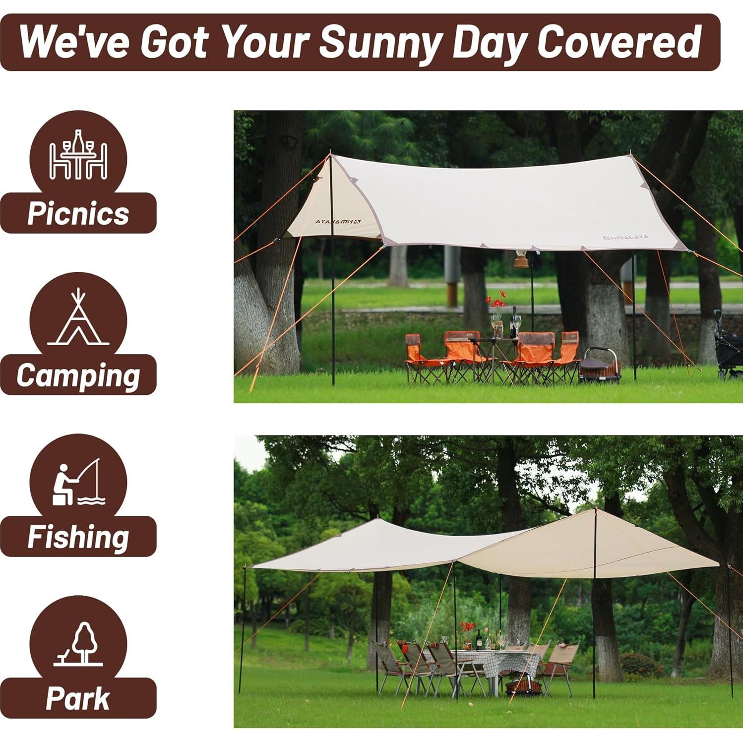 Himalaya Rain Tarp for Camping 4-6 Person Tent Tarp with 2 Poles Canopy Sun Shield Tarp UPF 50+ Outdoor Camping Traveling Awning Backpacking (118.1" x 114.1")