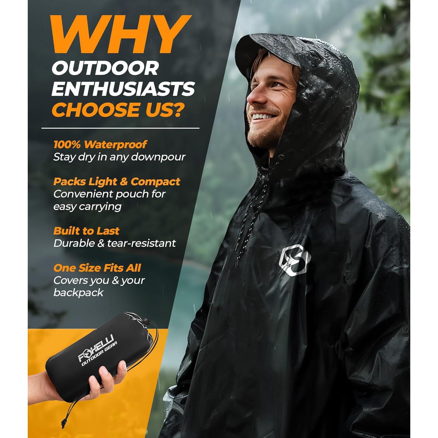 Poncho de Lluvia Foxelli Adulto Impermeable 2-Pack Negro