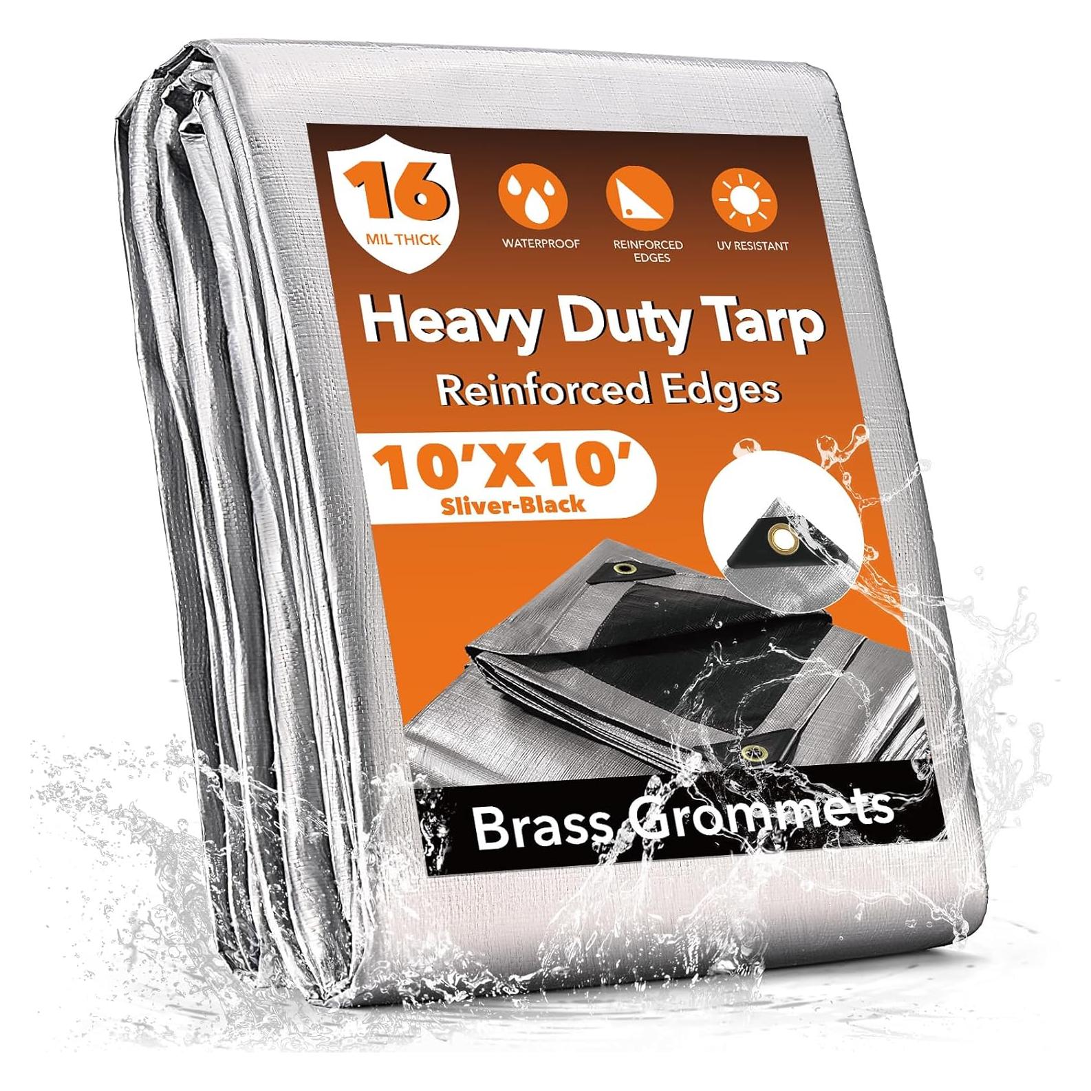 10x10FT Waterproof Tarp, Yumatum 16 Mil Heavy Duty Tarps with Reinforced Edges/Brass Grommets, 100% UV Blocking/Tear Resistant Poly Tarp for Camping, Patio, Tent, Boat(Silver/Black)