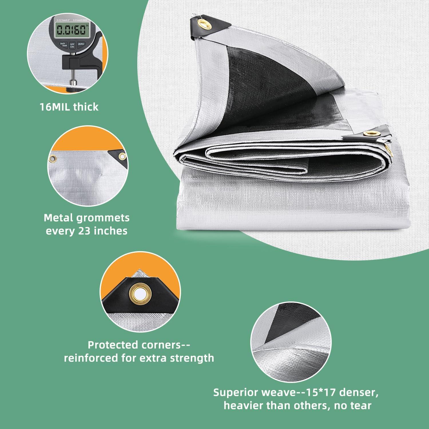 10x10FT Waterproof Tarp, Yumatum 16 Mil Heavy Duty Tarps with Reinforced Edges/Brass Grommets, 100% UV Blocking/Tear Resistant Poly Tarp for Camping, Patio, Tent, Boat(Silver/Black)