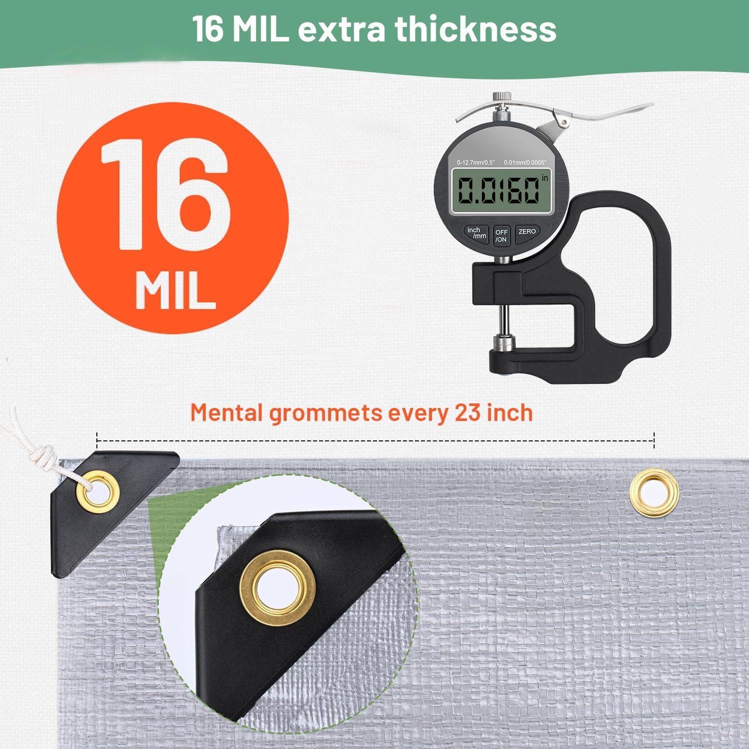 10x10FT Waterproof Tarp, Yumatum 16 Mil Heavy Duty Tarps with Reinforced Edges/Brass Grommets, 100% UV Blocking/Tear Resistant Poly Tarp for Camping, Patio, Tent, Boat(Silver/Black)