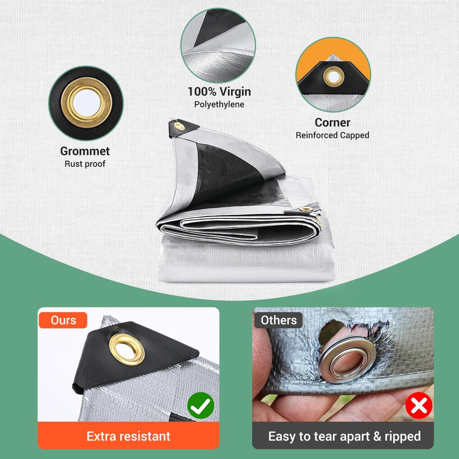 10x10FT Waterproof Tarp, Yumatum 16 Mil Heavy Duty Tarps with Reinforced Edges/Brass Grommets, 100% UV Blocking/Tear Resistant Poly Tarp for Camping, Patio, Tent, Boat(Silver/Black)