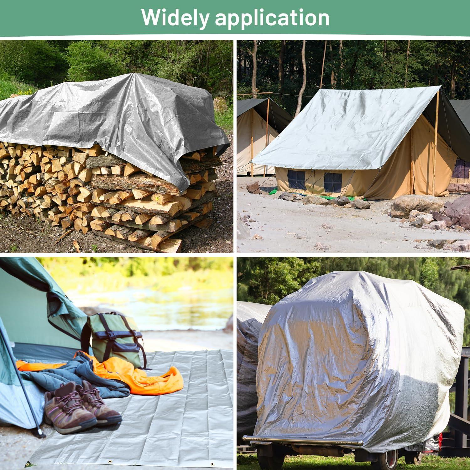 10x10FT Waterproof Tarp, Yumatum 16 Mil Heavy Duty Tarps with Reinforced Edges/Brass Grommets, 100% UV Blocking/Tear Resistant Poly Tarp for Camping, Patio, Tent, Boat(Silver/Black)