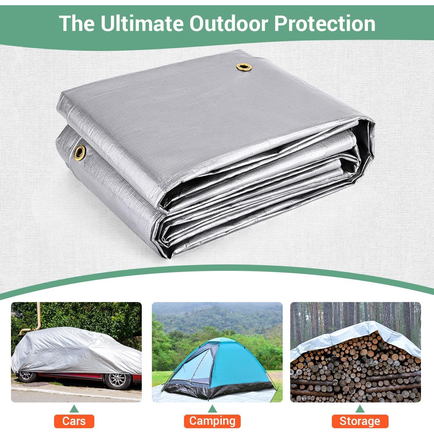 10x10FT Waterproof Tarp, Yumatum 16 Mil Heavy Duty Tarps with Reinforced Edges/Brass Grommets, 100% UV Blocking/Tear Resistant Poly Tarp for Camping, Patio, Tent, Boat(Silver/Black)