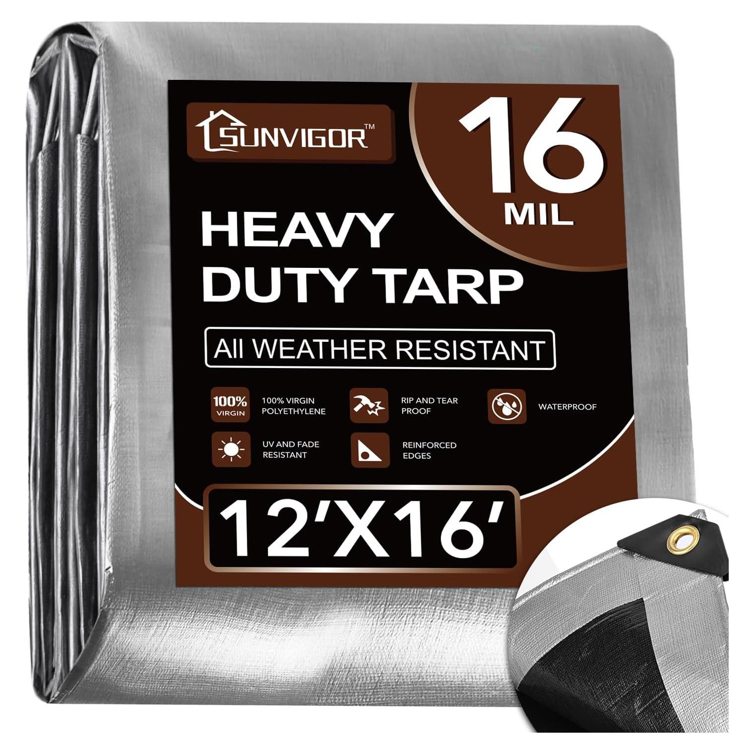 Lona Resistente al Agua Sunvigor 3.66x4.88m 16Mil Plata