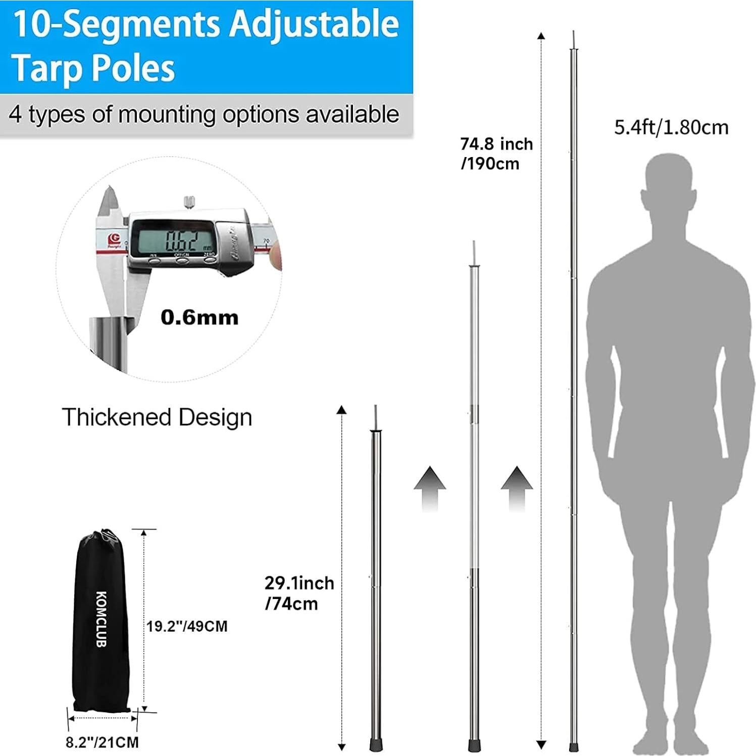 Postes de Camping Telescópicos KOMCLUB - Acero Inoxidable 198.1 cm - Juego de 2