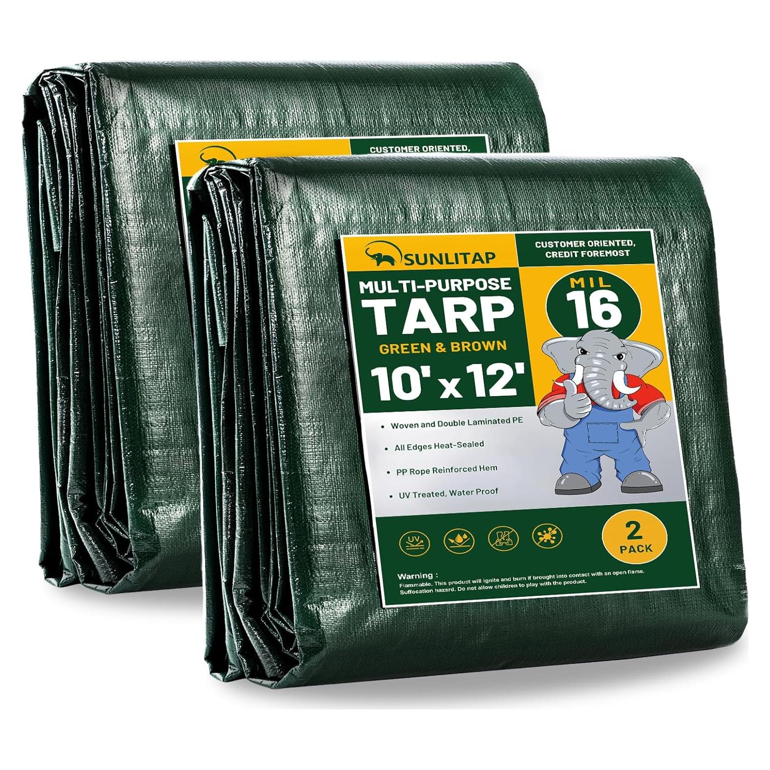 16 Mil Heavy Duty Waterproof Tarp, 10x12 Ft Finished Size Large Tarps with Metal Grommets & Reinforced Edge, Multipurpose Green Tarp for Car, Boat, Roof, Camping - 2 Pack