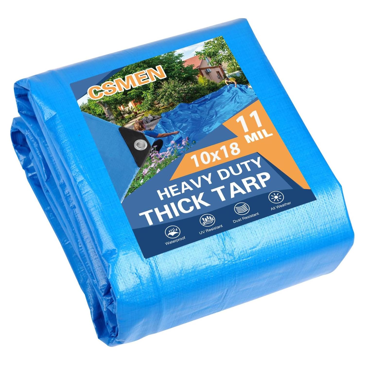 Tarp Heay Duty Waterproof 10x18ft,Blue Tarp Cover Plastic Poly Tarpaulin for Outdoor Cover,Emergency Rain,Roof, Pool, Boat,Camping - Multipurpose with 11Mil Thickness