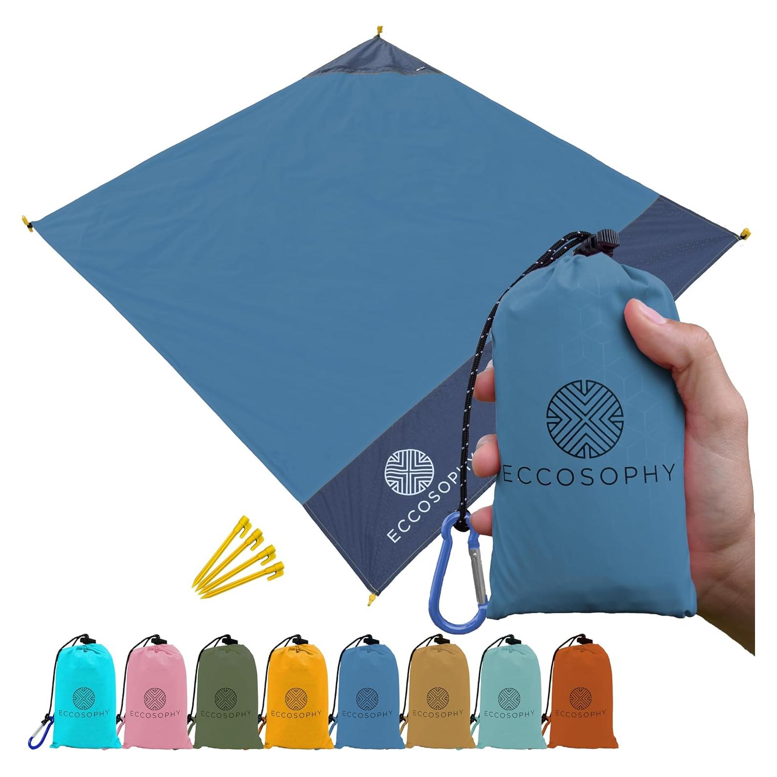 ECCOSOPHY Sand Proof Beach Blanket - Waterproof Picnic Blanket 60x55-Outdoor Compact Pocket Blanket-Lightweight Ground Cover for Hiking, Camping, Festivals, Sports, Travel-with Bag & Stakes (Denim)