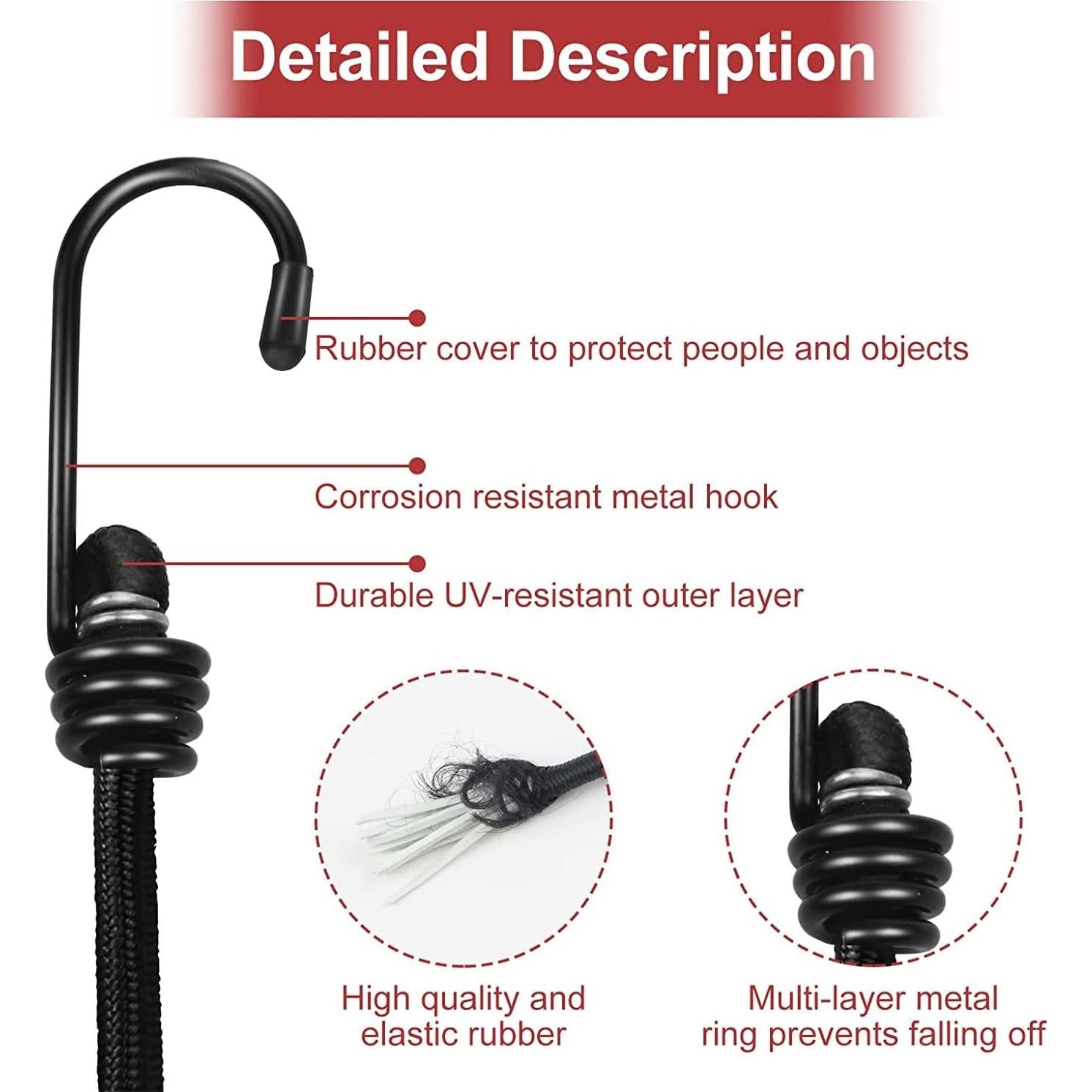 Cuerdas Bungee Vashly 30 cm con Ganchos y Clips - Paquete de 10