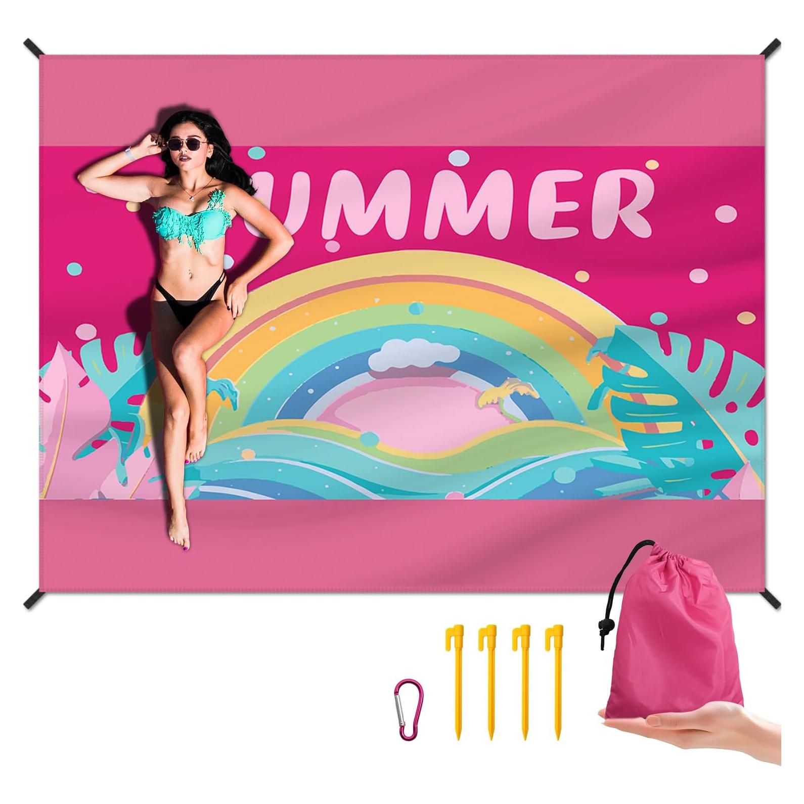 Beach Blanket Waterproof Sandproof Large Beach Mat 83" X 106" for 5-7 Adults Sand Free Mat Quick Drying,Lightweight & Durable with 4 Stakes & 4 Corner Pockets for Beach Camping .(Pink)