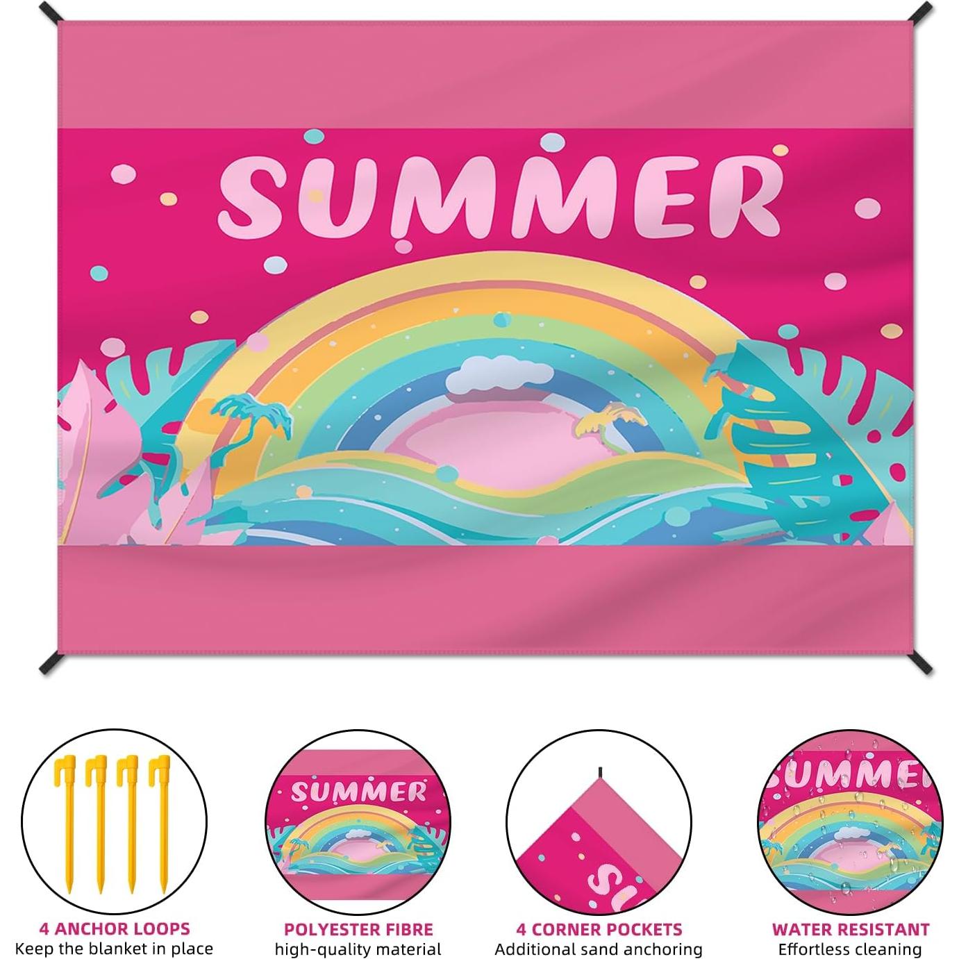 Beach Blanket Waterproof Sandproof Large Beach Mat 83" X 106" for 5-7 Adults Sand Free Mat Quick Drying,Lightweight & Durable with 4 Stakes & 4 Corner Pockets for Beach Camping .(Pink)