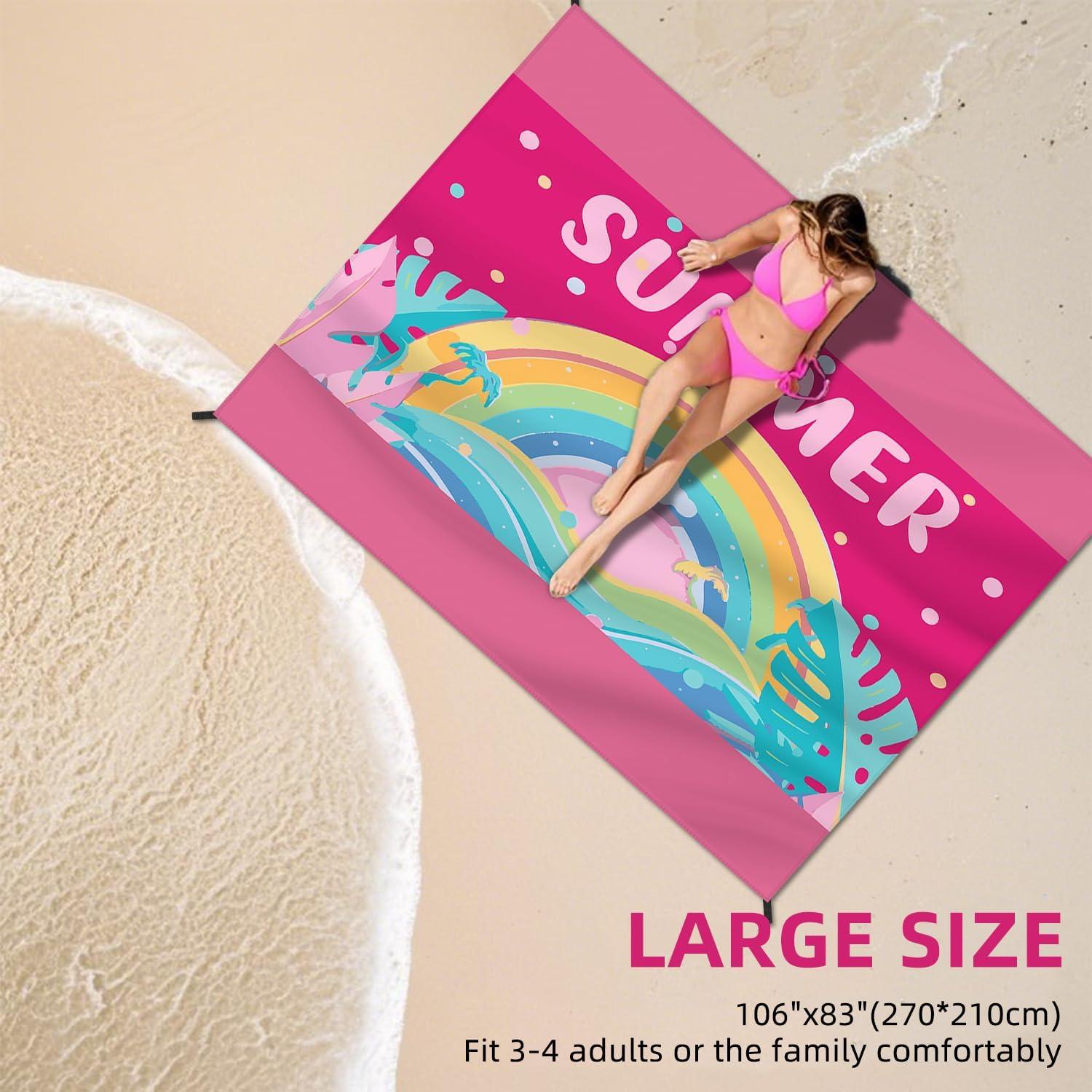 Beach Blanket Waterproof Sandproof Large Beach Mat 83" X 106" for 5-7 Adults Sand Free Mat Quick Drying,Lightweight & Durable with 4 Stakes & 4 Corner Pockets for Beach Camping .(Pink)