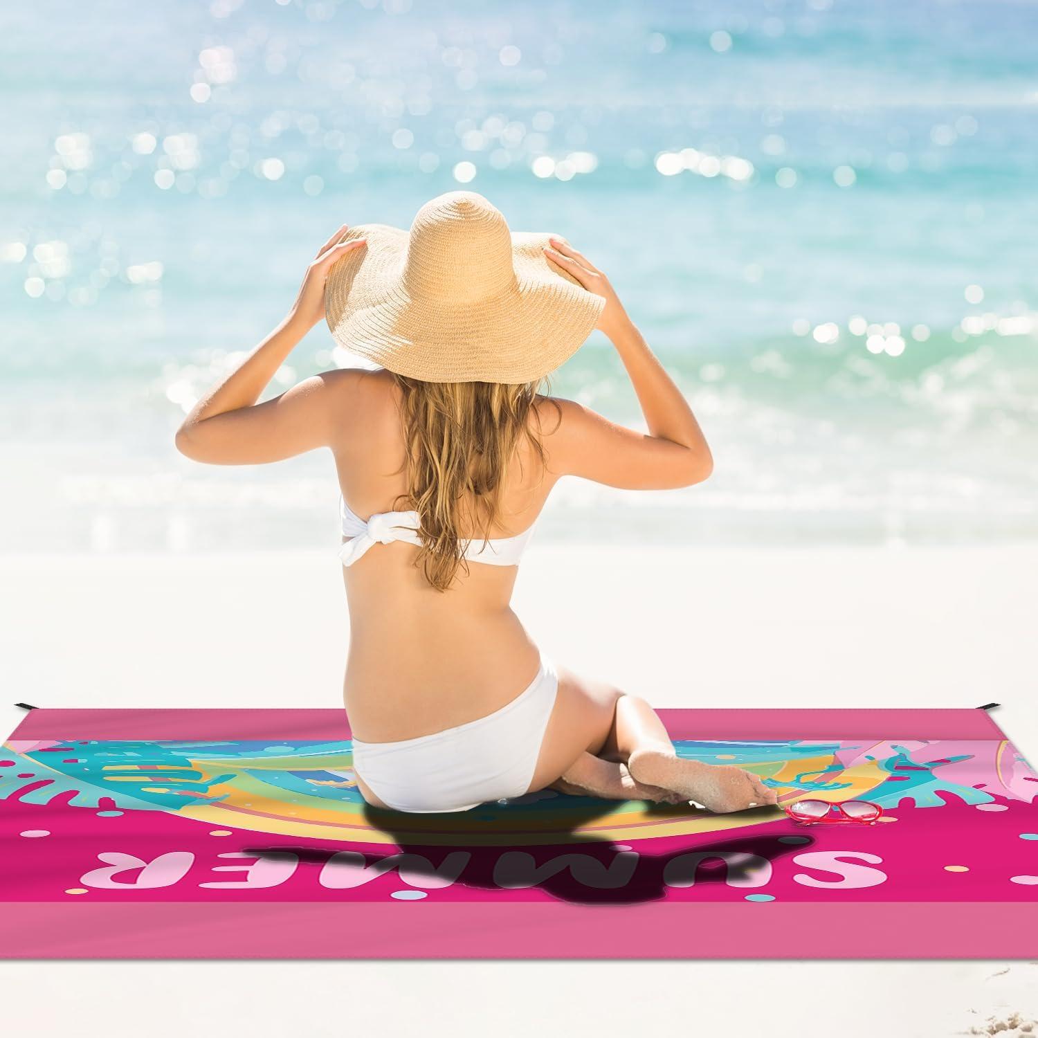 Beach Blanket Waterproof Sandproof Large Beach Mat 83" X 106" for 5-7 Adults Sand Free Mat Quick Drying,Lightweight & Durable with 4 Stakes & 4 Corner Pockets for Beach Camping .(Pink)