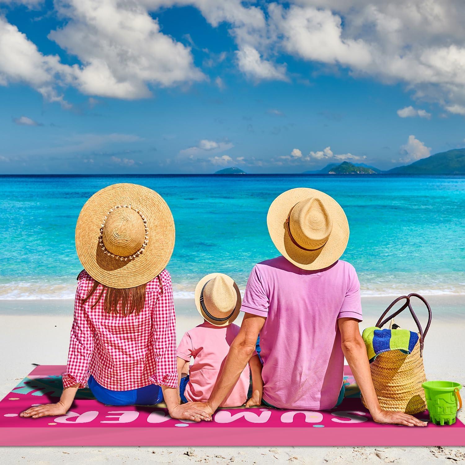 Beach Blanket Waterproof Sandproof Large Beach Mat 83" X 106" for 5-7 Adults Sand Free Mat Quick Drying,Lightweight & Durable with 4 Stakes & 4 Corner Pockets for Beach Camping .(Pink)