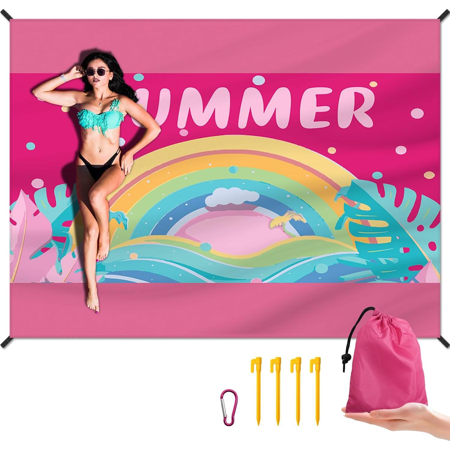 Beach Blanket Waterproof Sandproof Large Beach Mat 83" X 106" for 5-7 Adults Sand Free Mat Quick Drying,Lightweight & Durable with 4 Stakes & 4 Corner Pockets for Beach Camping .(Pink)