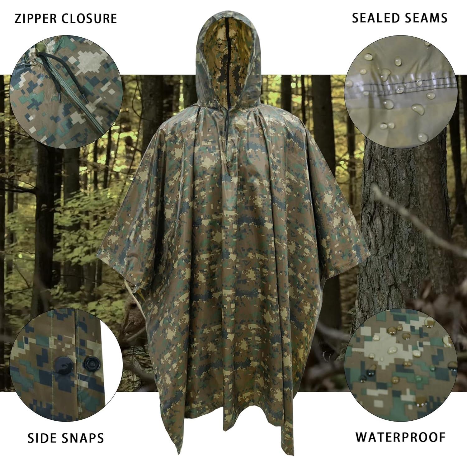LOOGU Camo Rain Poncho with Hood Waterproof Lightweight Raincoat Rain Gear Men Women Outdoor Camping Hunting Hiking Fishing