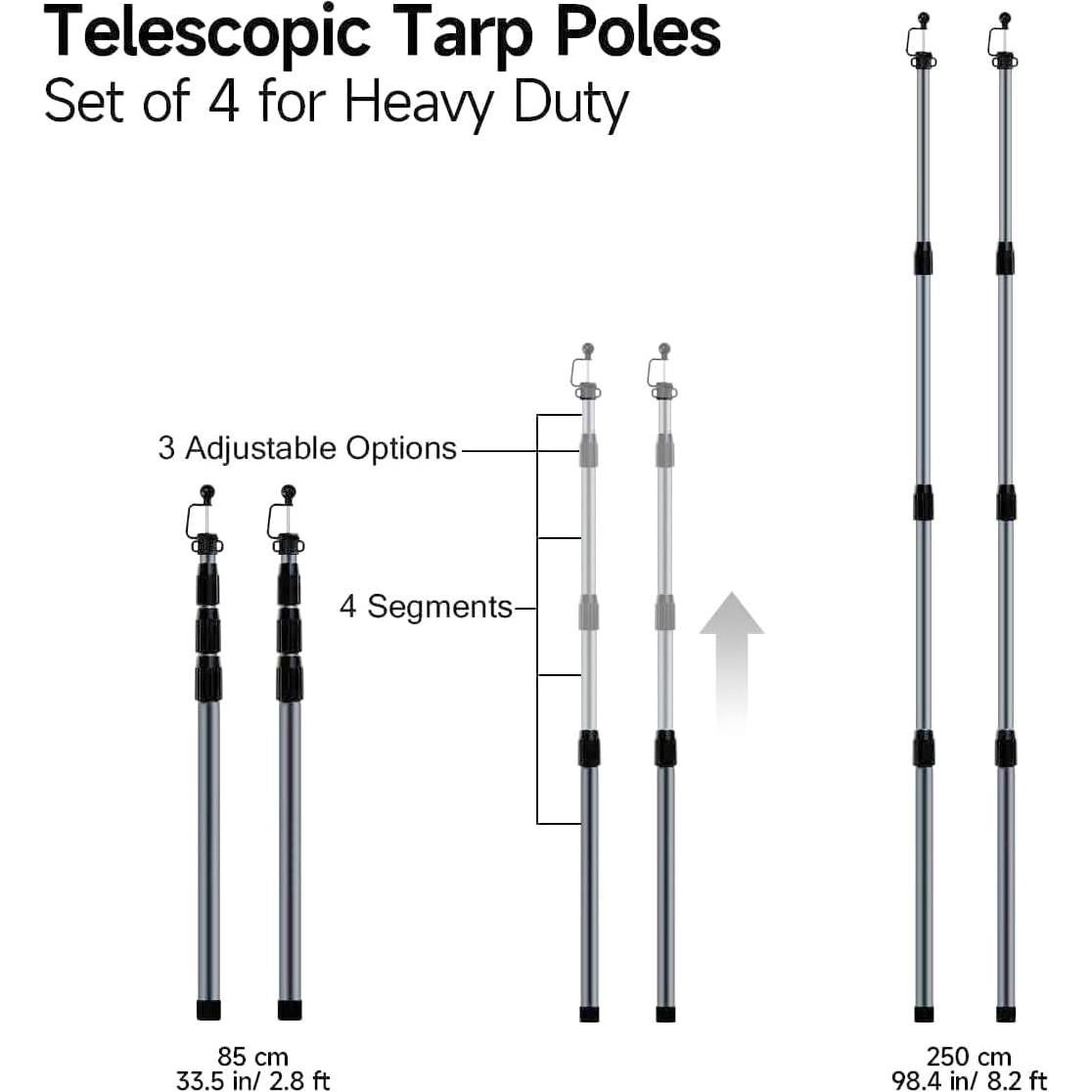 SANLIKE Tent Poles for Tarp, 8.2' Telescoping Poles Set of 4, Replacement for Canopy & Camping, Rooftop Tent Poles for Rain Fly, Awning - Gray