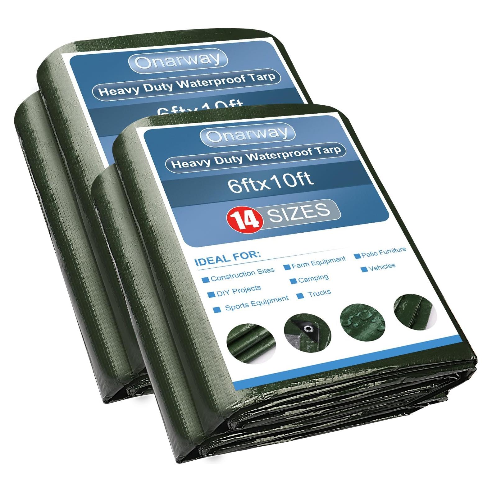 Onarway Poly Tarps Waterproof for Outdoor: Green Tarpaulin 6Mil Thicken 6x10 Ft 2Packs- Anti-UV Waterproof Tarp Cover with Grommets Multipurpose for Boat Pool Roof Camping