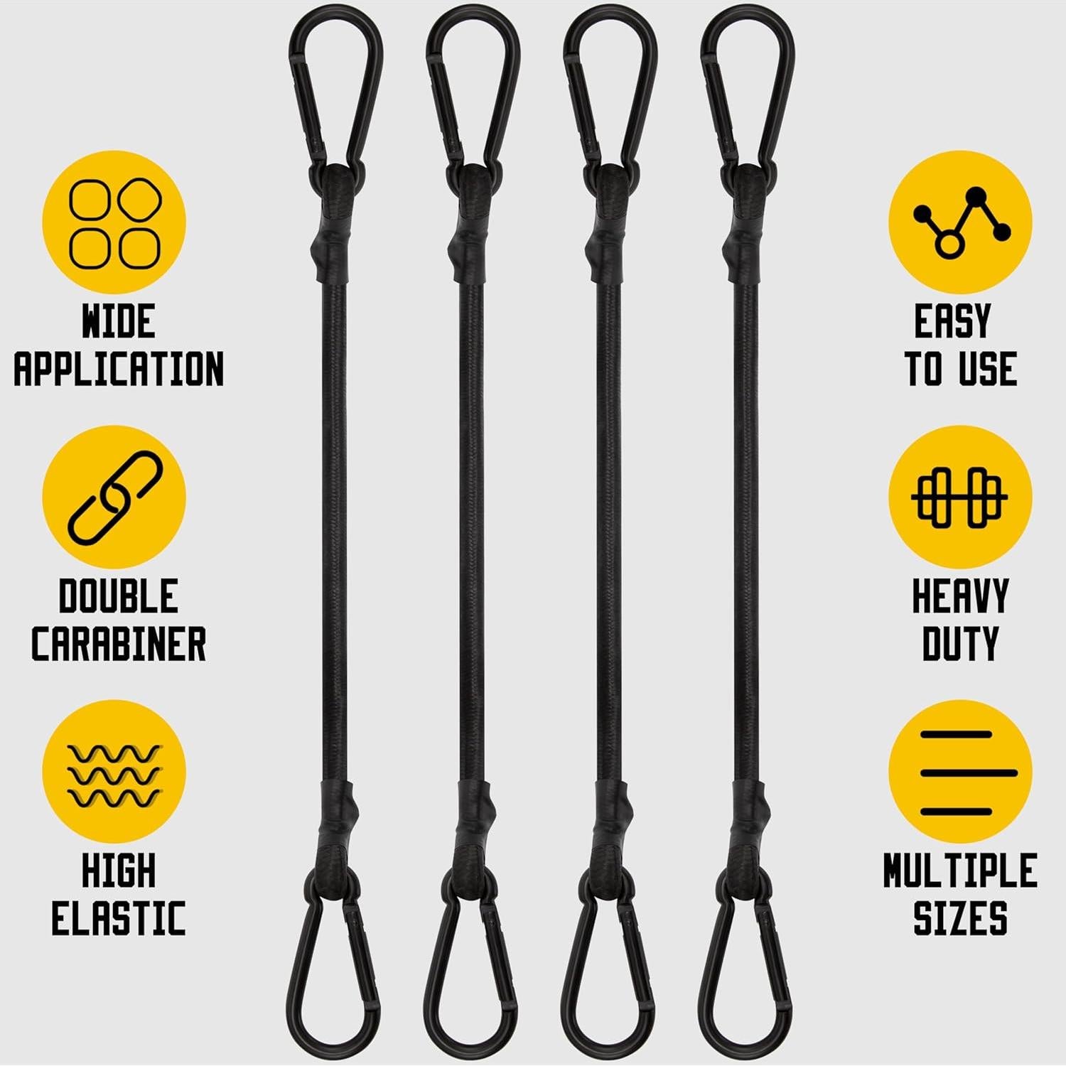 Cuerdas Bungee Rugtol 35 cm con Ganchos Carabiner Paquete de 4