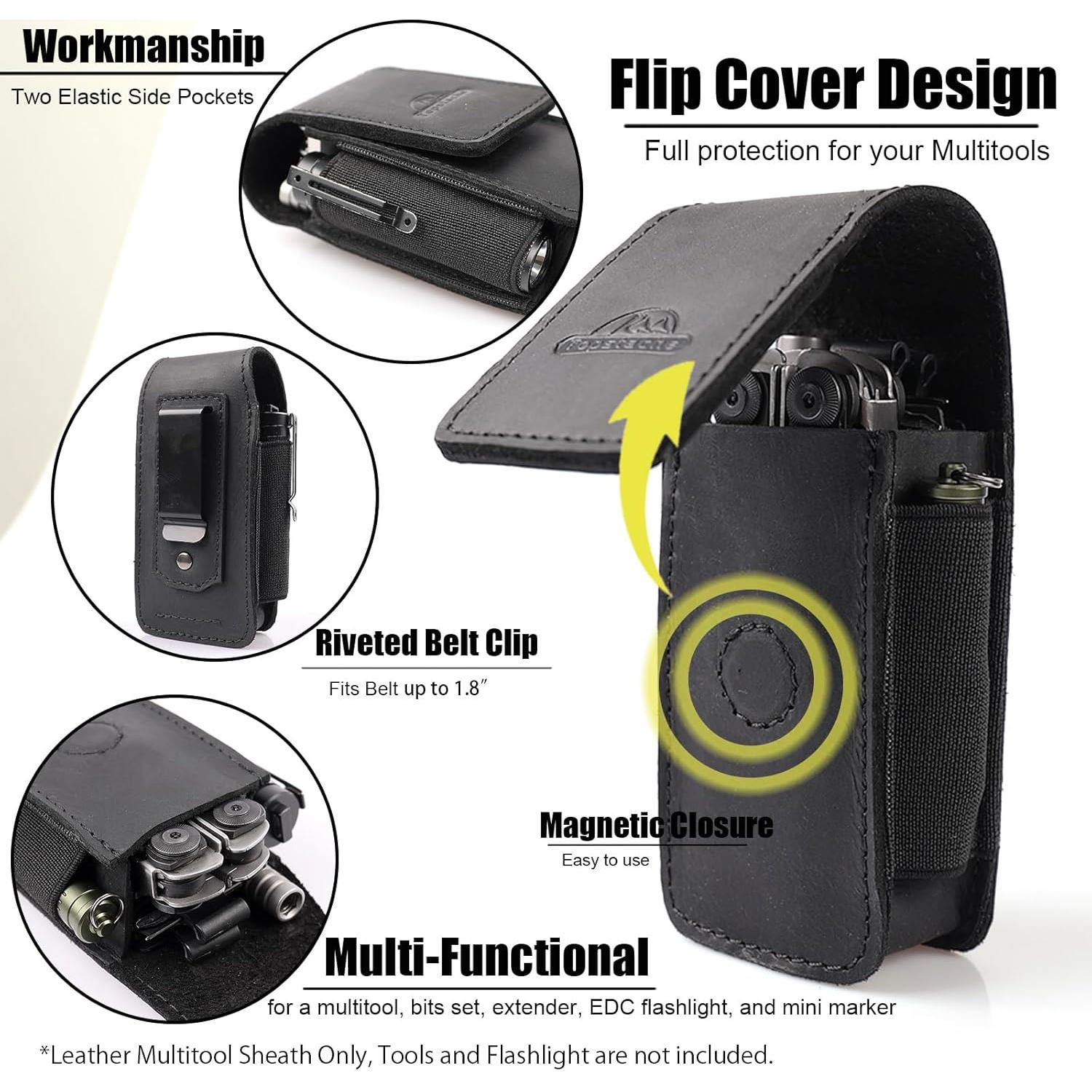 Funda Multiherramienta Topstache de Cuero Negro con Clip EDC