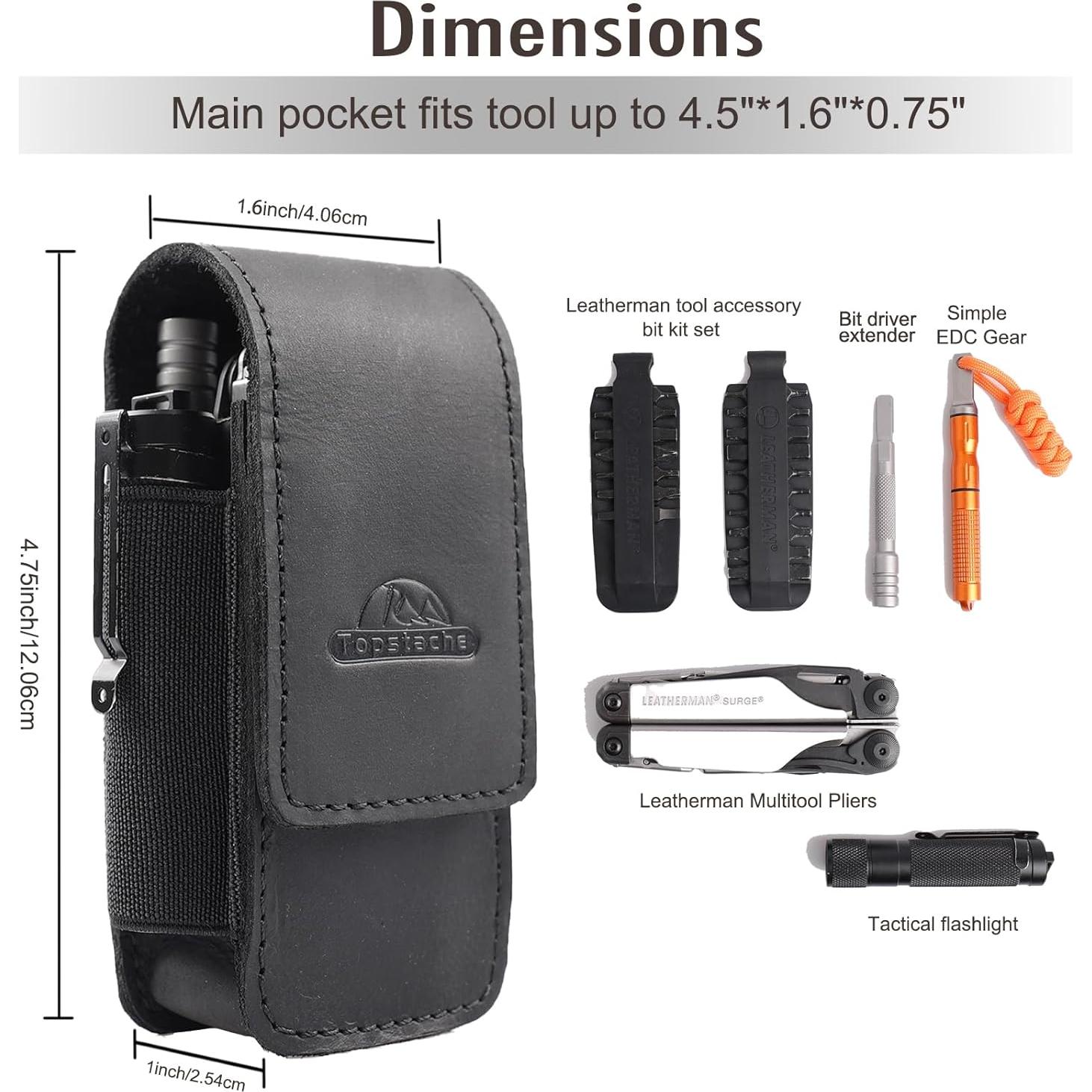 Funda Multiherramienta Topstache de Cuero Negro con Clip EDC