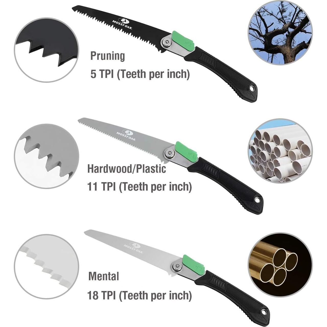 Sierra Plegable 3 en 1 Mossy Oak con 3 Cuchillas y Funda