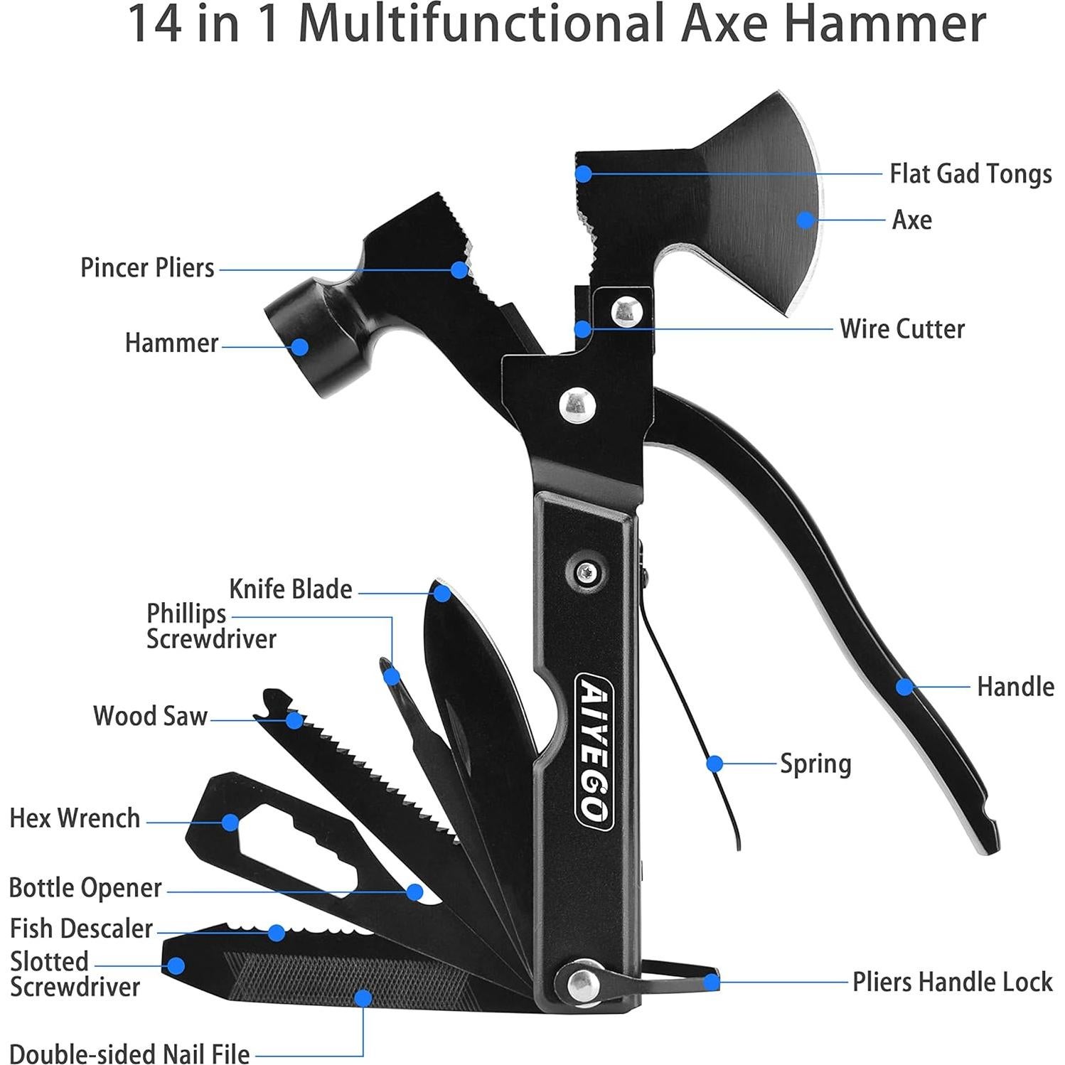 Hacha Martillo Multifuncional AIYEGO 14 en 1 para Camping